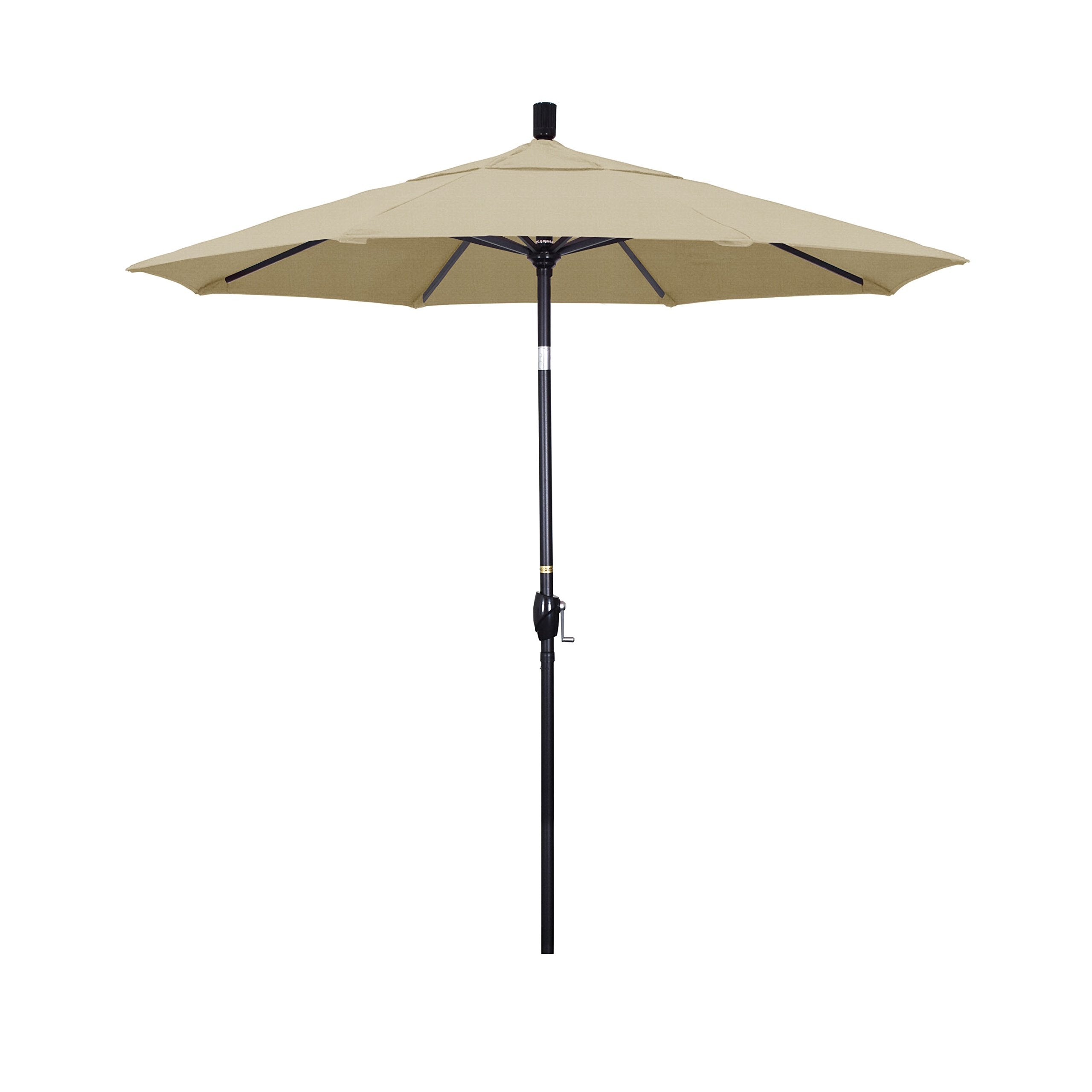 California Umbrella 7.5' Round Aluminum Market Umbrella, Crank Lift, Push Button Tilt, Black Pole, Sunbrella Linen Sesame