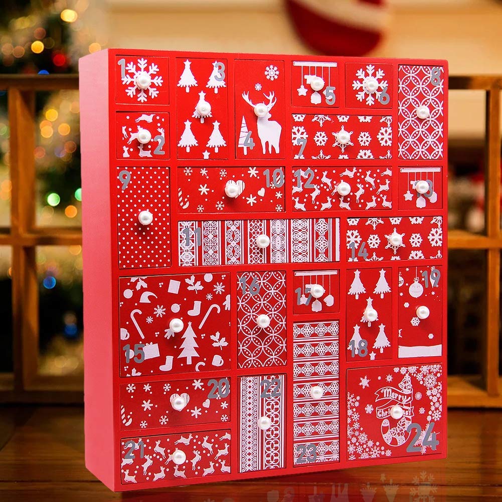 Juegoal Red Advent Calendar With 24 Drawers Countdown To Christmas, Refillable Wooden Advent, 15 Inches Tall