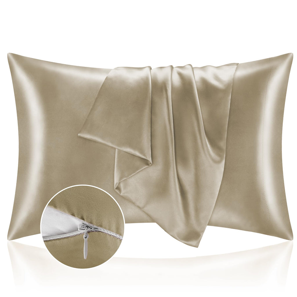 Bedelite Satin Pillowcase With Zipper, Taupe Pillow Cases Queen Size Set Of 2, Super Soft And Cooling Similar To Silk Pillow Cas