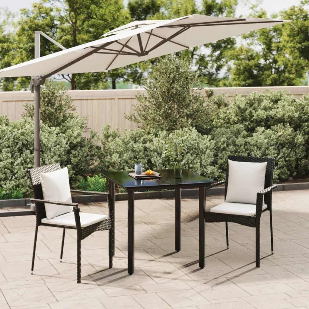 vidaXL 3-Piece Black Poly Rattan Patio Dining Set with Cream Cushions - Weather-Resistant Outdoor Seating with Tempered Glass Tabletop and Sturdy Steel Frame – Modular Lounge Set for Garden, Back...