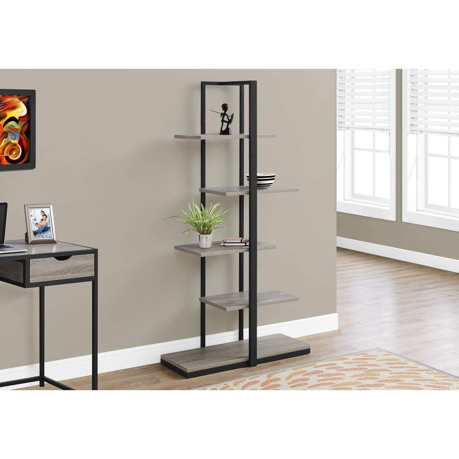 Monarch Specialties I Bookcase-60 H/Dark Taupe/Black Metal