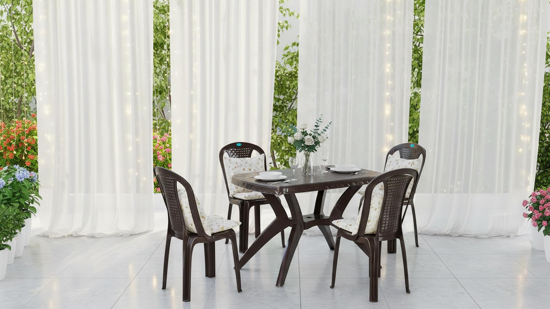 Nilkamal Plastic Shahenshah Kross Leg 4 Seater Dining Set For Indoor & Outdoor, Home, Office, Restaurants (Weather Brown)