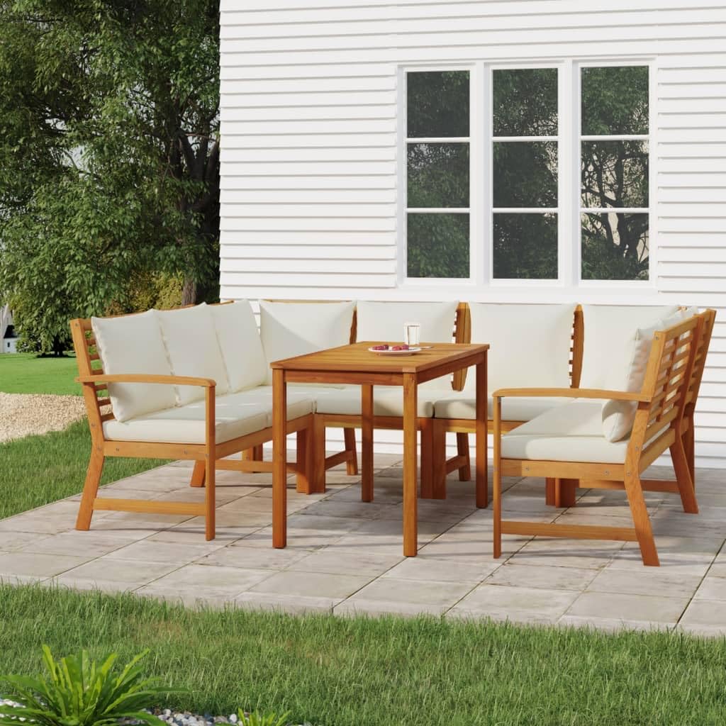 vidaXL Outdoor Dining Set with Cushions - 7 Piece Acacia Solid Wood - Modular Patio Furniture - Comfortable Seating with Rectangle Table and Cushions.