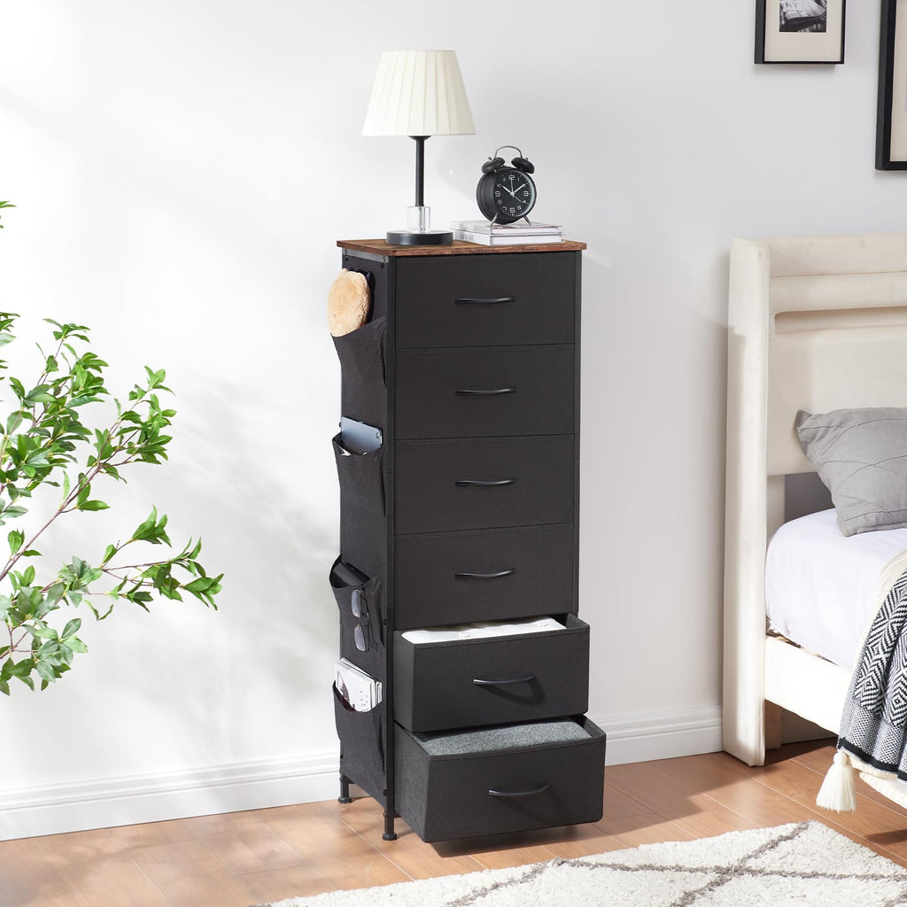 Somdot Tall Dresser For Bedroom With 6 Drawers And Side Pockets, Storage Organizer Chest Of Drawers With Fabric Bins For Closet Bedside Nursery Living Room Entryway Hallway, Black Rustic Brown