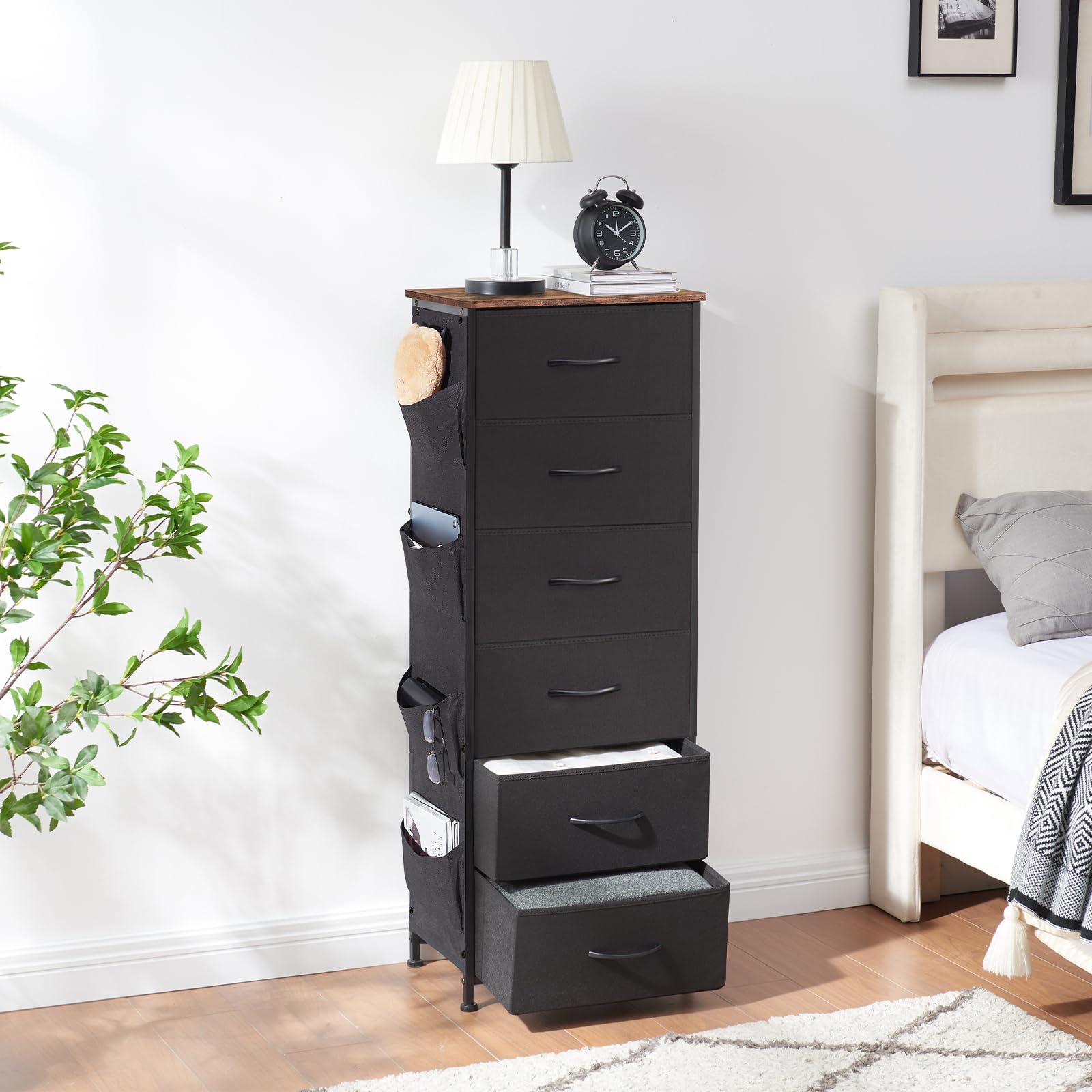 Somdot Tall Dresser For Bedroom With 6 Drawers And Side Pockets, Storage Organizer Chest Of Drawers With Fabric Bins For Closet Bedside Nursery Living Room Entryway Hallway, Black Rustic Brown