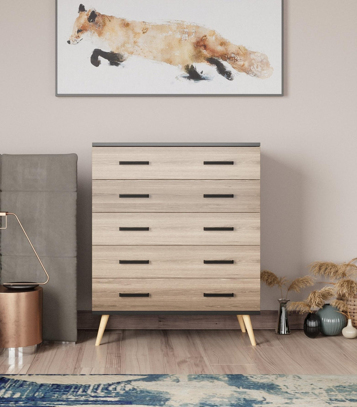 Woodpeckers Furniture And Mattress Eli Mid-Century Modern 5 Drawer Chest (Black & Sonoma Oak)