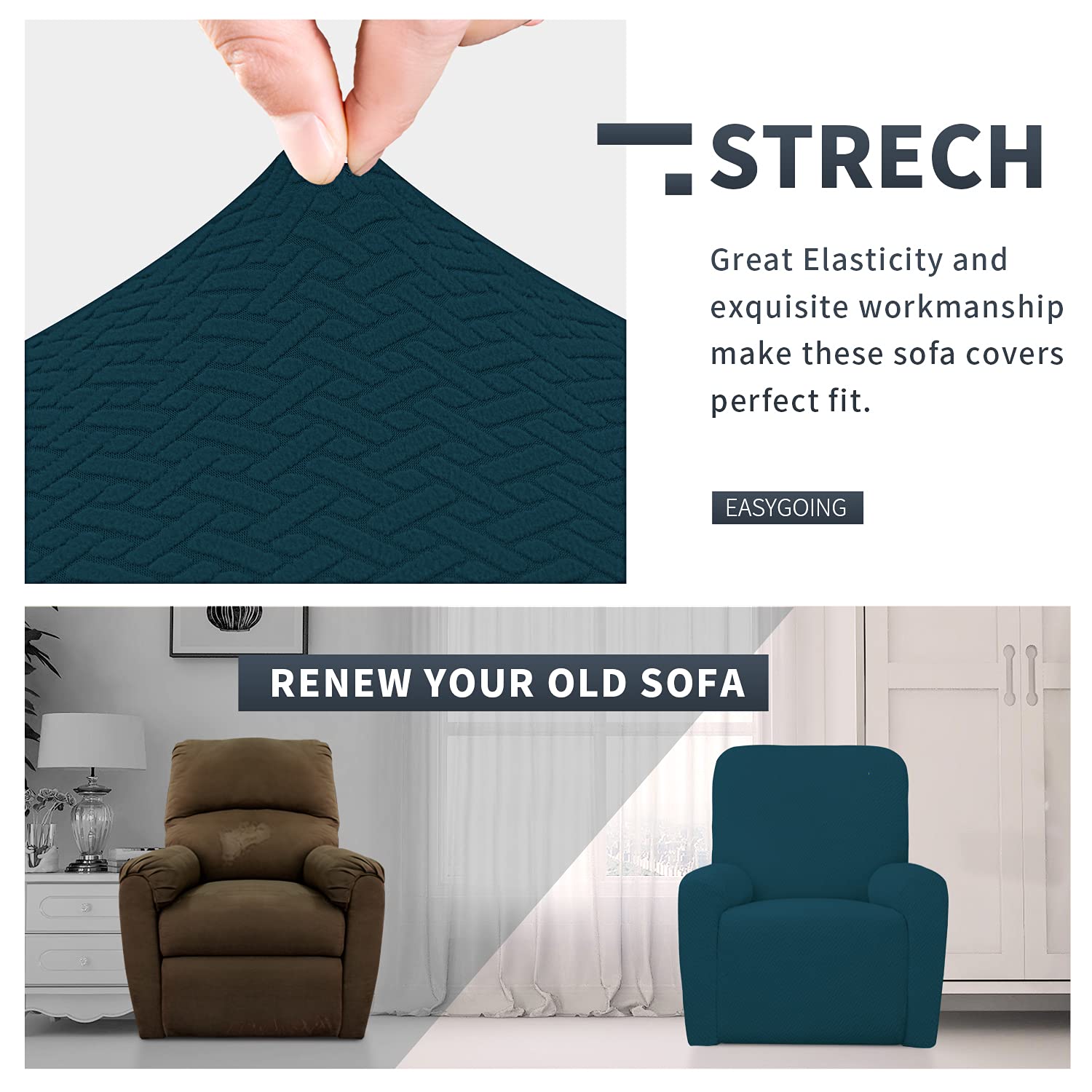 Easy-Going Stretch Jacquard Recliner Couch Cover, 4-Piece Soft Sofa Cover, Sofa Slipcover With Elastic Loop, Washable Furniture Protector For Kids, Pets, Dogs, Cats (Recliner,Deep Teal)