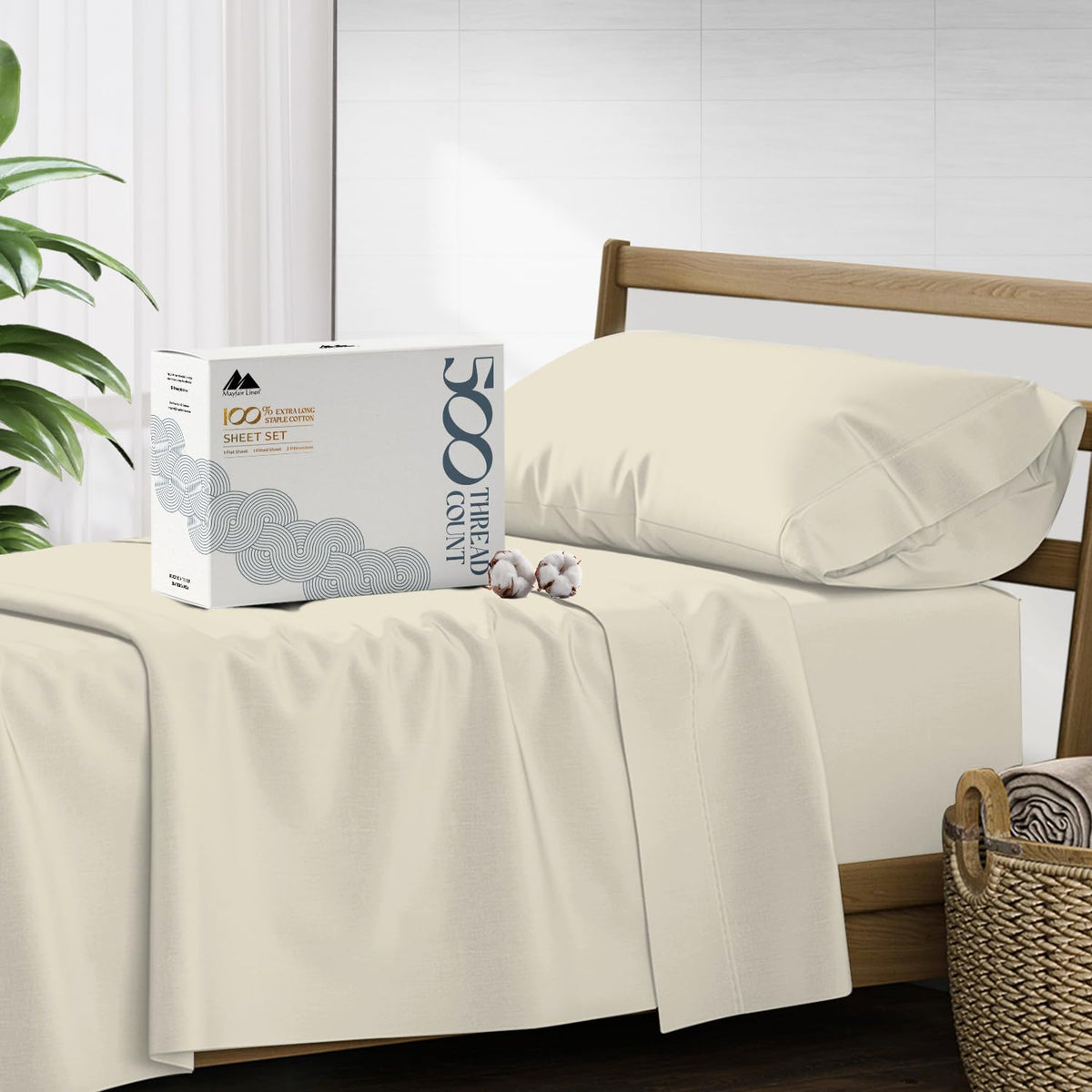 Mayfair Linen 100% Cotton Twin Xl Sheet Set - 500 Thread Count Sheets Twin Xl Size 3 Pc Set (Ivory), Soft, Cooling, Hotel-Qualit
