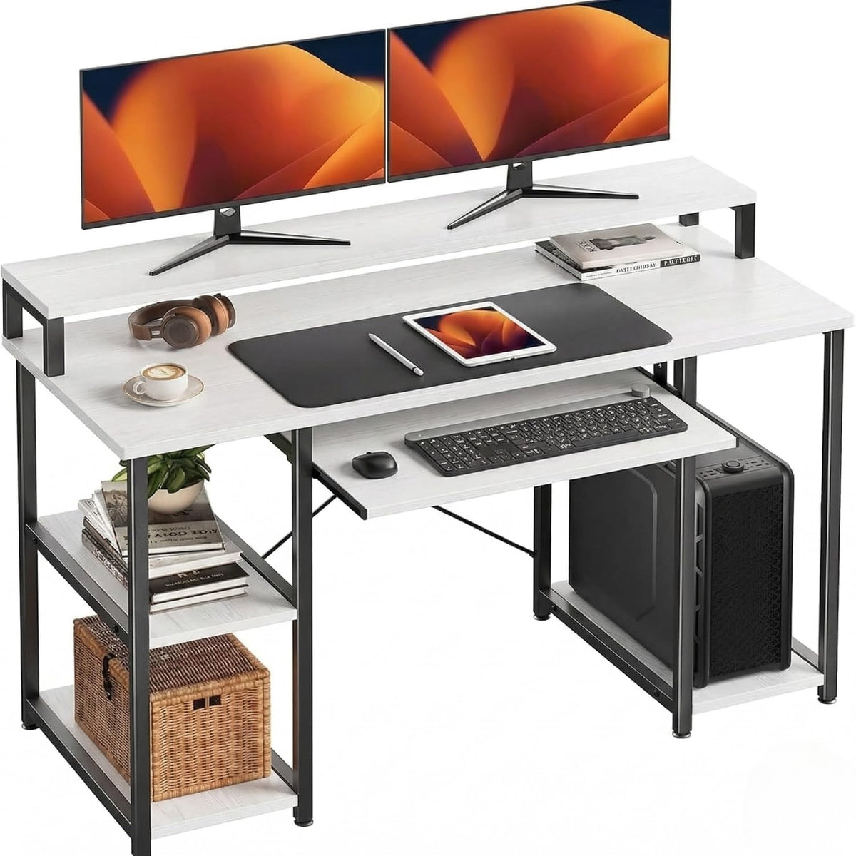 TEKAVO Trio Computer Table for Home Pc | Office Table for Home with Monitor Riser and Keyboard Tray, Laptop Table, Work Table, S