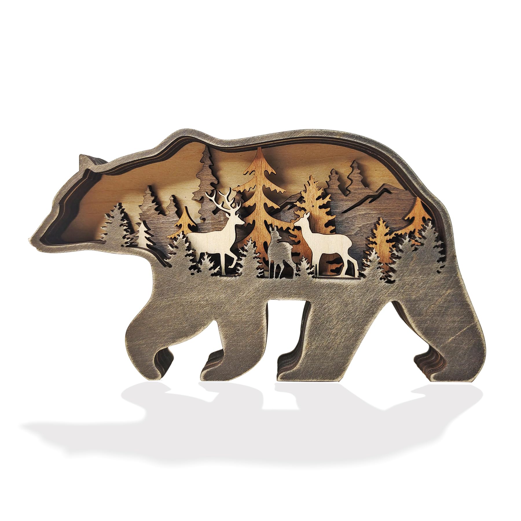 MIYOLO Wooden Bear Art Decor Brown Bear Figurine Rustic Home Shelf Desktop Creative Decorations Multi-Layer Silhouette Crafts