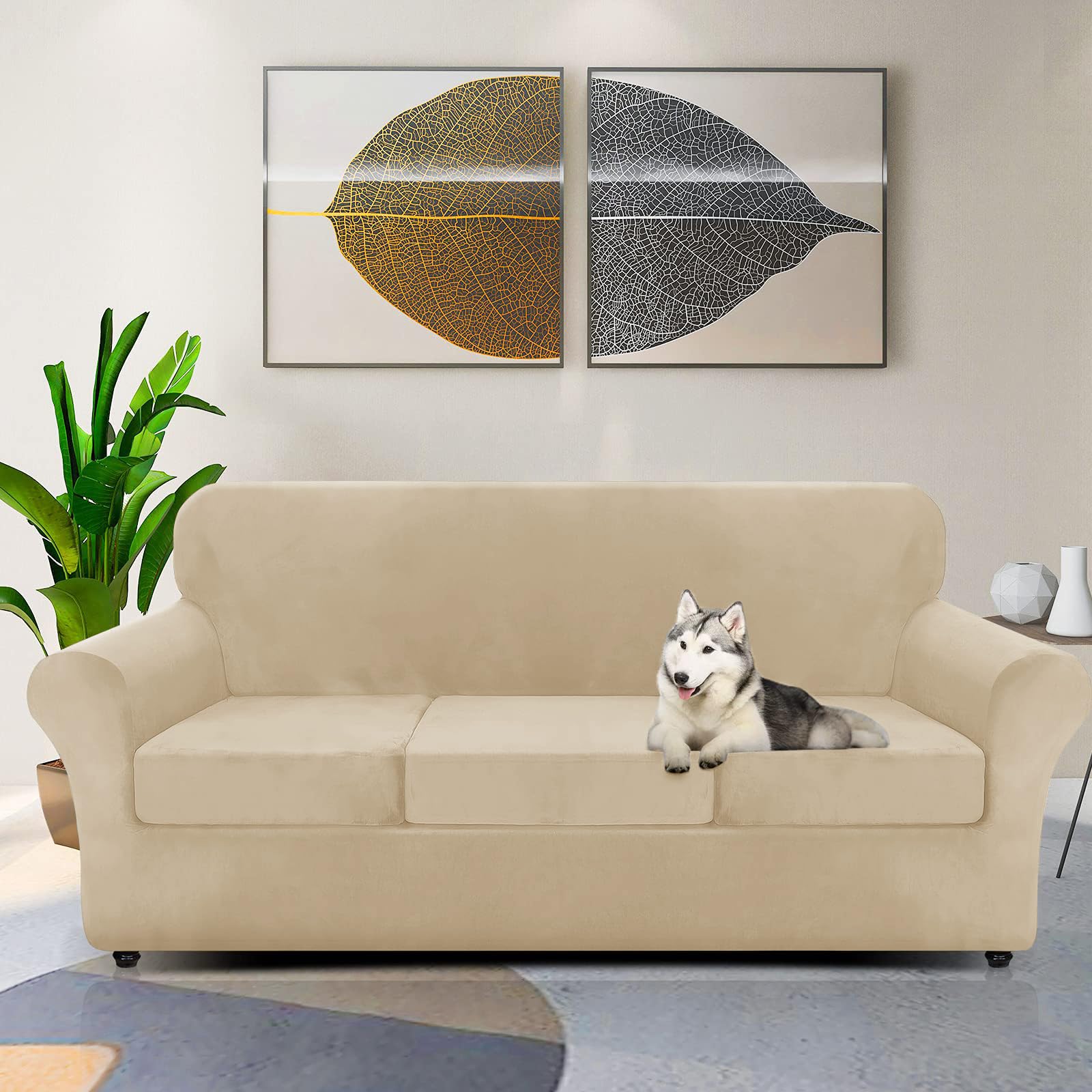 Znsayotx Luxury Velvet Couch Cover 4 Piece Stretch Sofa Covers For 3 Cushion Couch Thick Soft Spandex Sofa Slipcover Living Room Anti Slip Dogs Pet Furniture Protector (Camel), 71'-91'(3 Cushions)