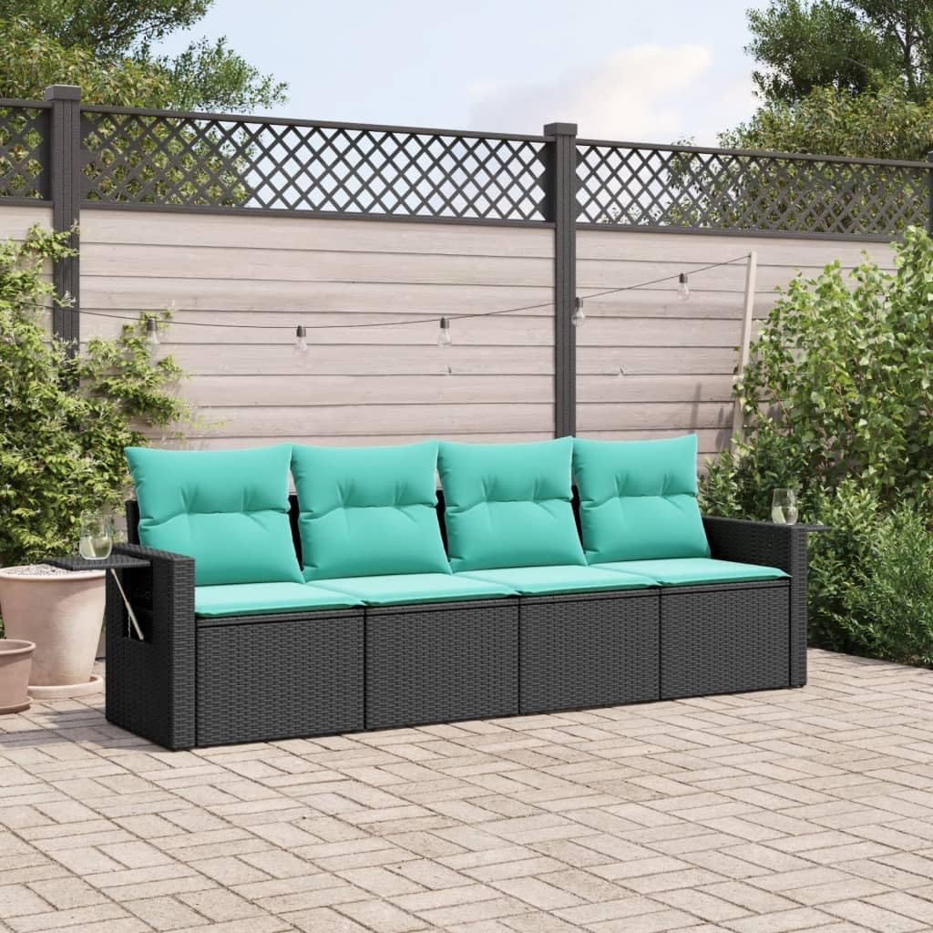 vidaXL Patio Sofa Set 4 Piece - Modular Outdoor Furniture with Cushions, Black Poly Rattan, Foldable Side Table, Storage, Weather-Resistant