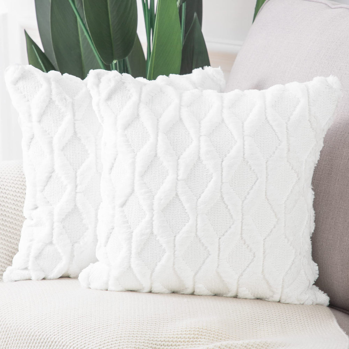 Madizz Set Of 2 Soft Plush Short Wool Velvet Decorative Throw Pillow Covers 24X24 Inch White Square Luxury Style Cushion Case Eu