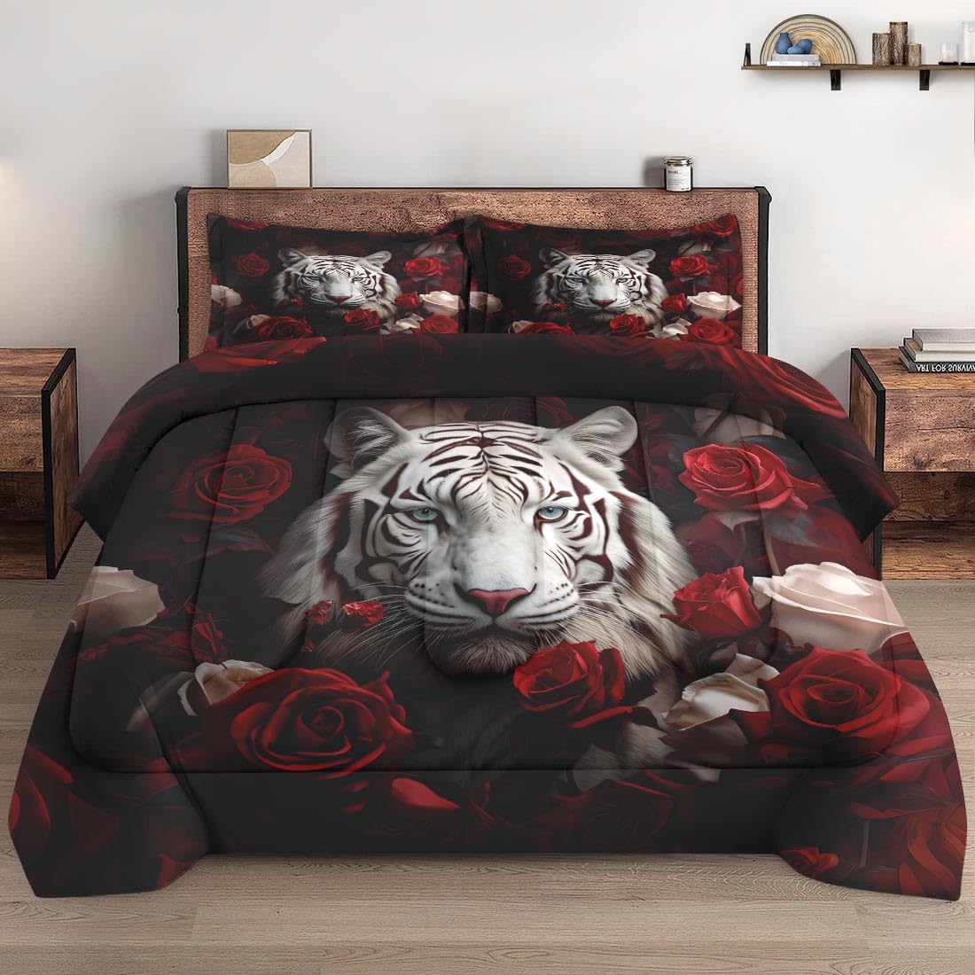 Wecozy Comforter Set Queen Size With 2 Pillowcases, White Tiger Wild Animal 3 Pcs Bedding Set For Kids And Adults, Beautiful Red