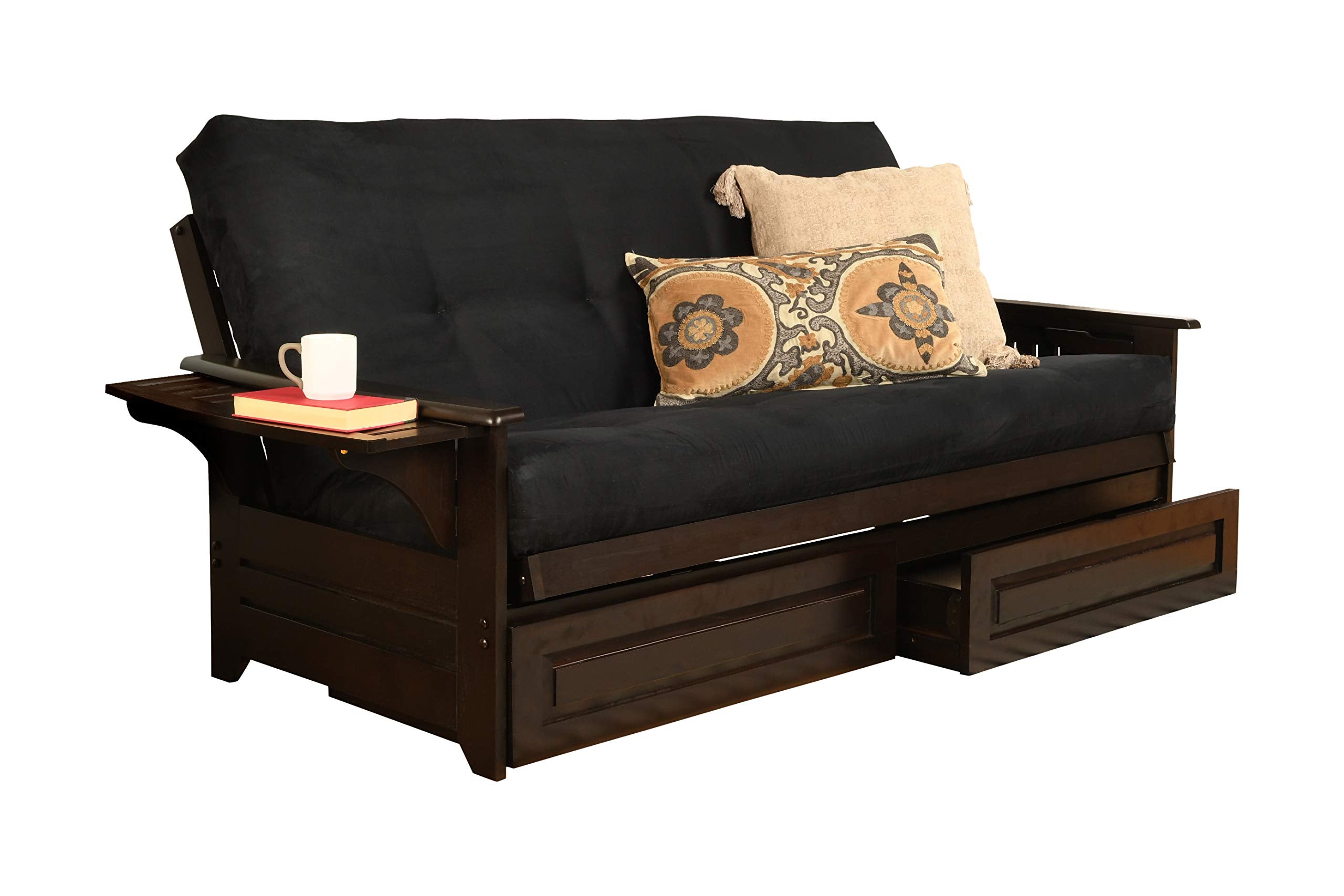 Phoenix Full Size Futon Couch With Espresso Finish With Suede Black Mattress Included - Wooden Frame - Solid Hardwood Construction