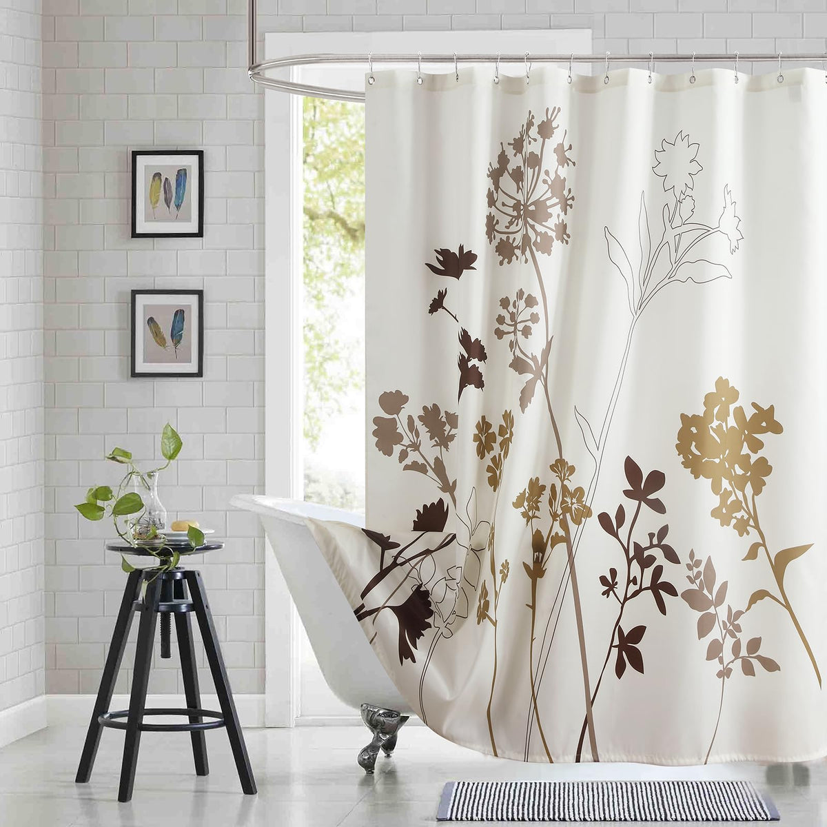 Bestripes Floral Fabric Shower Curtain, Beige Brown Grey Plant Shower Curtains For Bathroom, Waterproof Bathroom Curtains, 72'