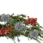 Christmas Poinsettia Flower Stems With Clips - Set/10 Red And Silver Glitter Xmas Floral Sprig Decorations - Artificial Glittere