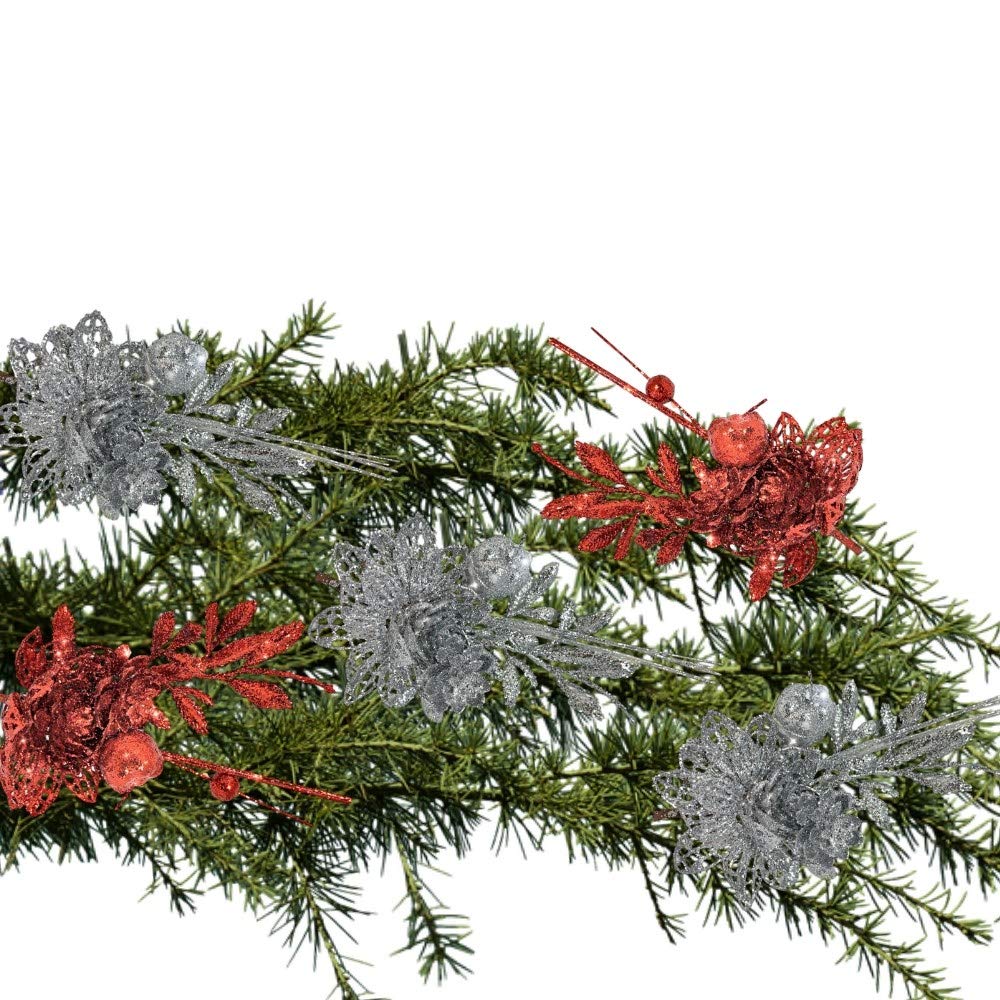 Christmas Poinsettia Flower Stems With Clips - Set/10 Red And Silver Glitter Xmas Floral Sprig Decorations - Artificial Glittere