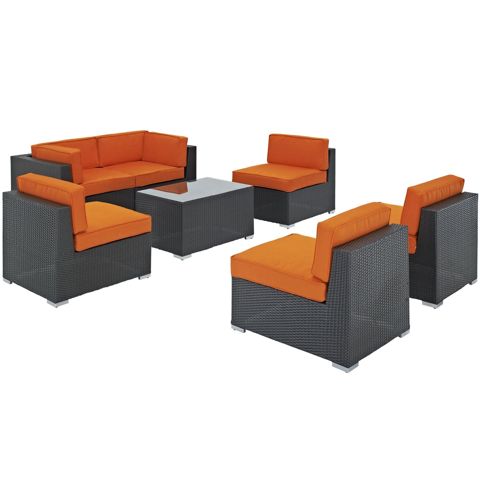 Lexmod Aero Outdoor Wicker Patio 7-Piece Sectional Sofa Set In Espresso With Orange Cushions