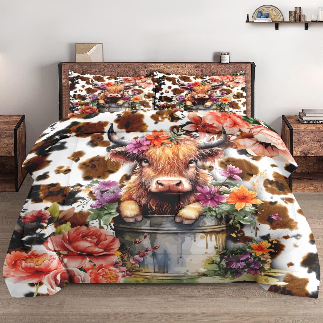Wecozy Twin Size Comforter Set With Pillowcase, Cute Happy Highland Bull 2 Pcs Bedding Set For Kids And Adults, Flower Cow Print