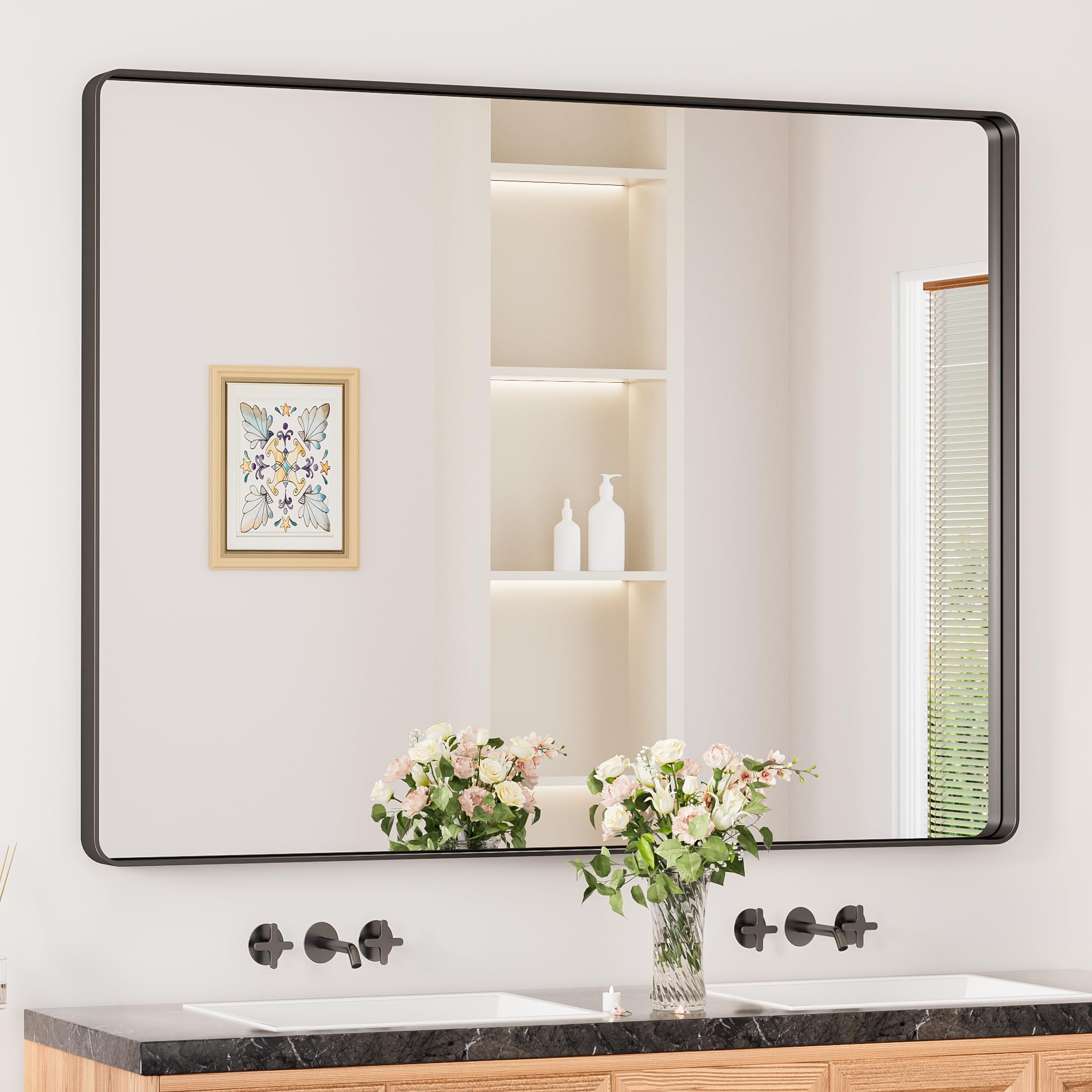 Keonjinn Black Framed Mirrors for Bathroom 48    x 40    Large Rounded Rectangle Wall Mirror, Matte Black Farmhouse Bathroom Van