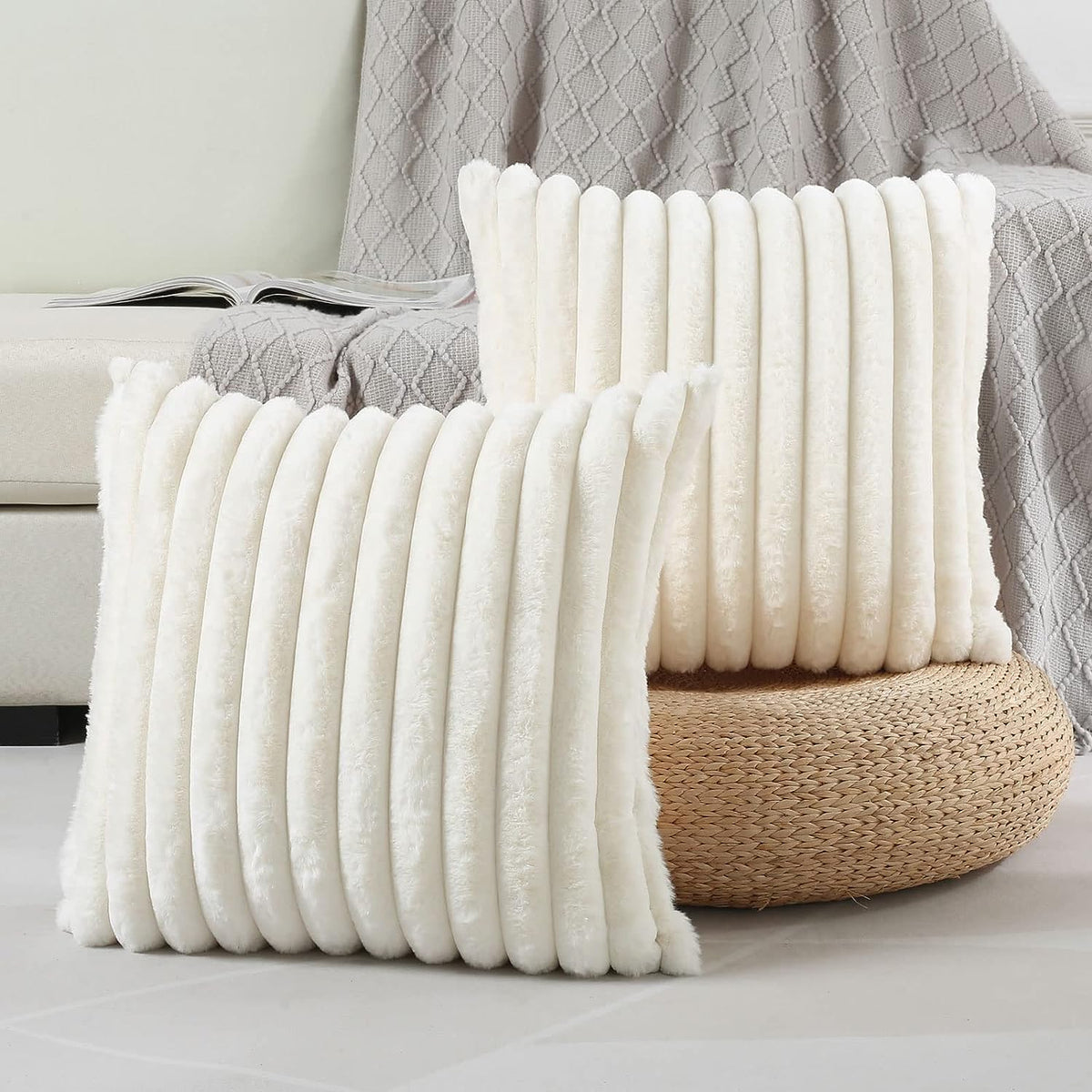 Futei Cream White Striped Decorative Throw Pillow Covers 14X14 Inch Set Of 2,Square Fall Decorations Couch Pillow Case,Soft Cozy