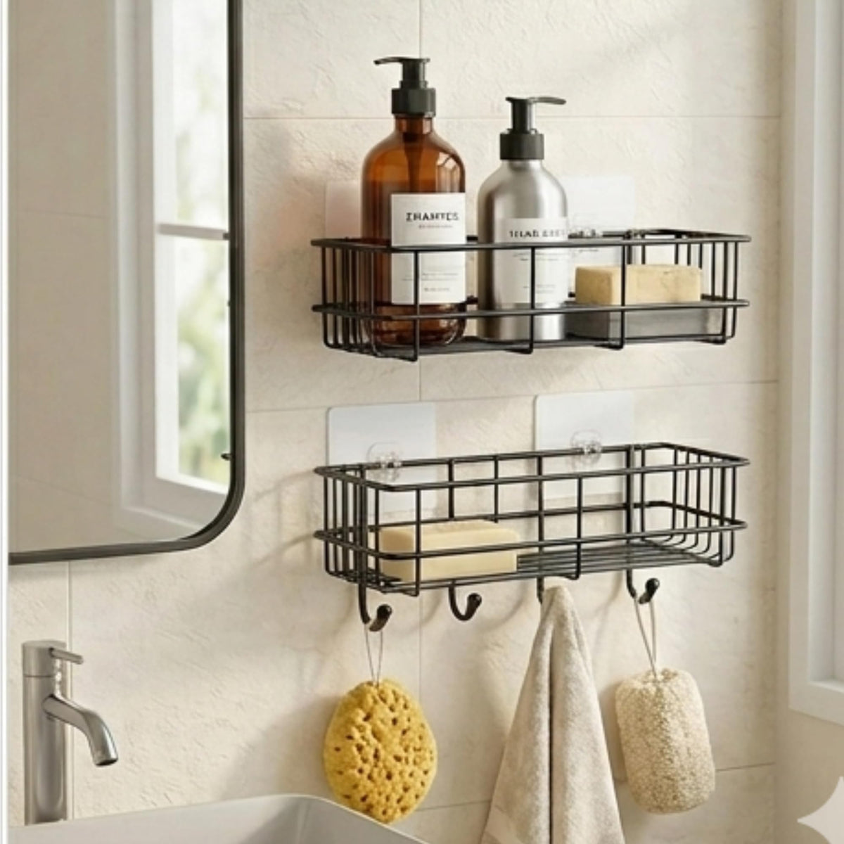 MOXLY Self Adhesive Bathroom Shelf with 4 Hooks | Wall Mounted Organiser for Shampoo Soap & Toiletries | Long Metal Rack for Sho
