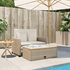 vidaXL Patio Sofa with Cushions - 2-Seater Beige Poly Rattan & Acacia Wood - Convertible Bench/Sofa Bed - Outdoor Garden Deck Furniture with Footstool & Storage