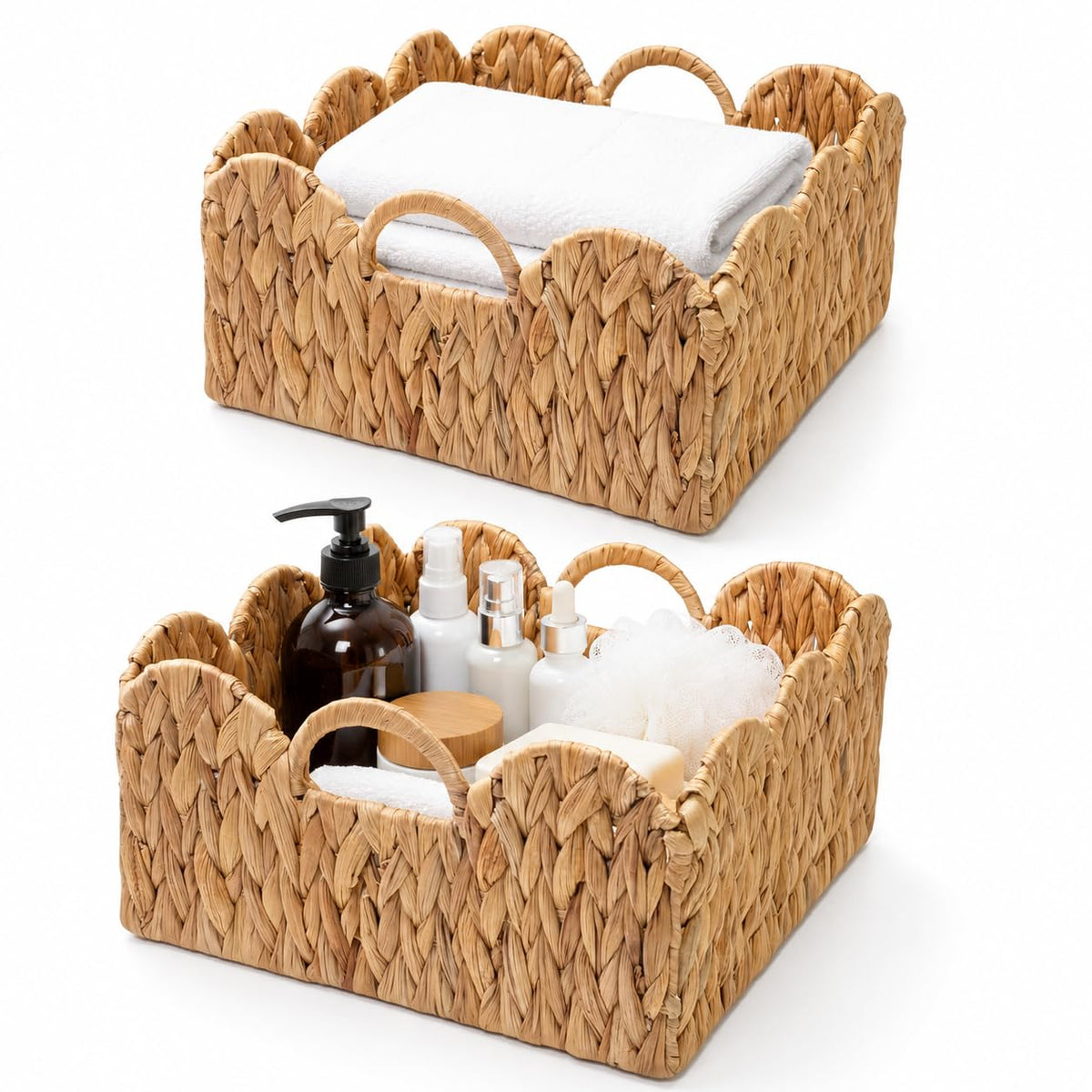 Scalloped Edge Wicker Basket, Handwoven Rattan Storage Baskets with Builtin Handles, Water Hyacinth Basket for Organizing and 