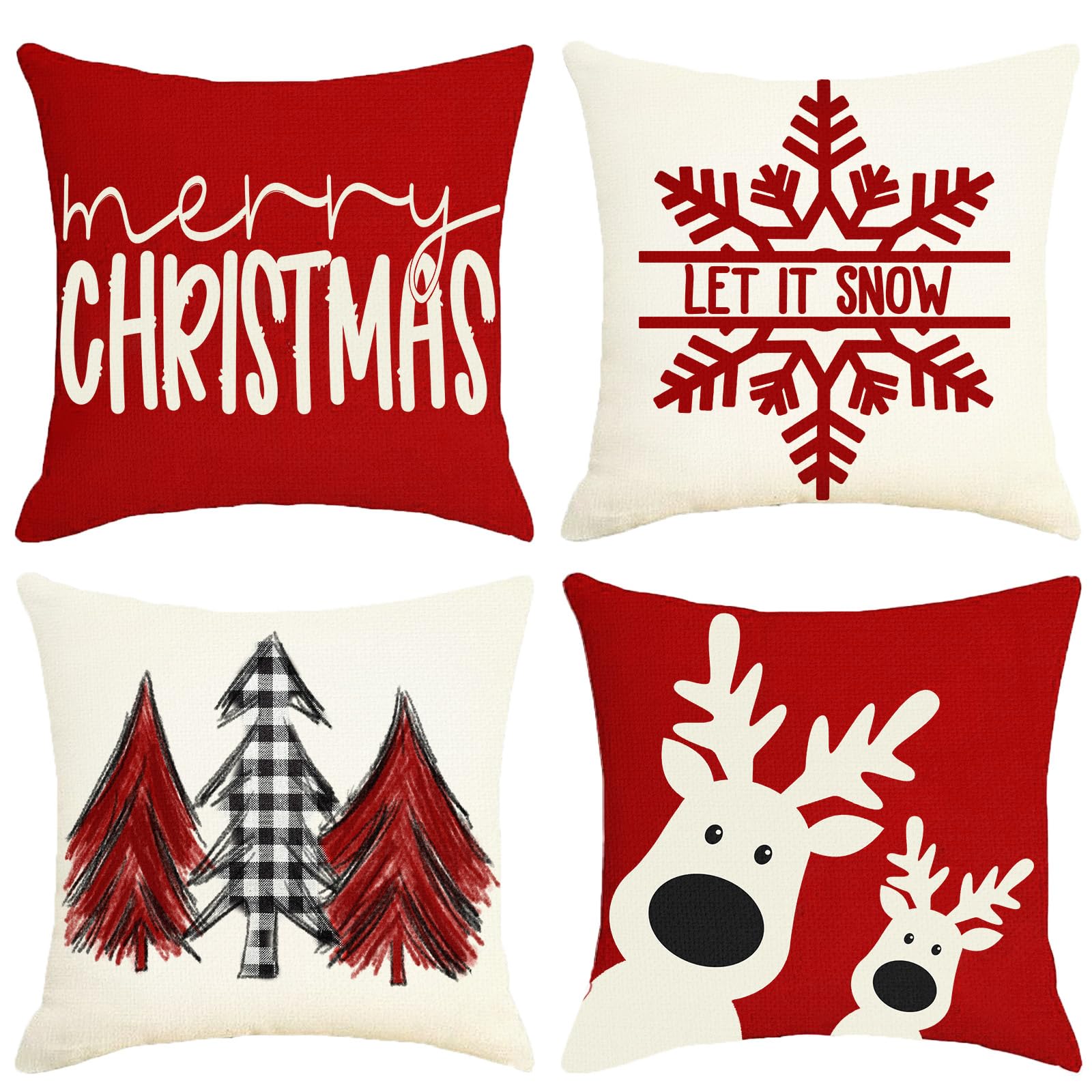 Sunboom Christmas Pillow Covers 18X18 Set Of 4, Christmas Farmhouse Decoration Holiday Winter Throw Pillow Covers, Red Snowflake