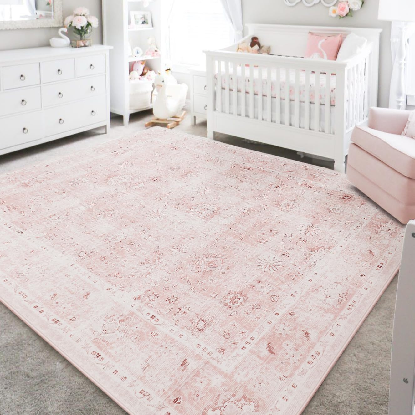 LIMON HOME Light Pink Nursery Area Rug 6x9 for Bedroom Girls,Washable Baby Blush Pink Boho Floral Rug,Super Soft Faux Wool Machi