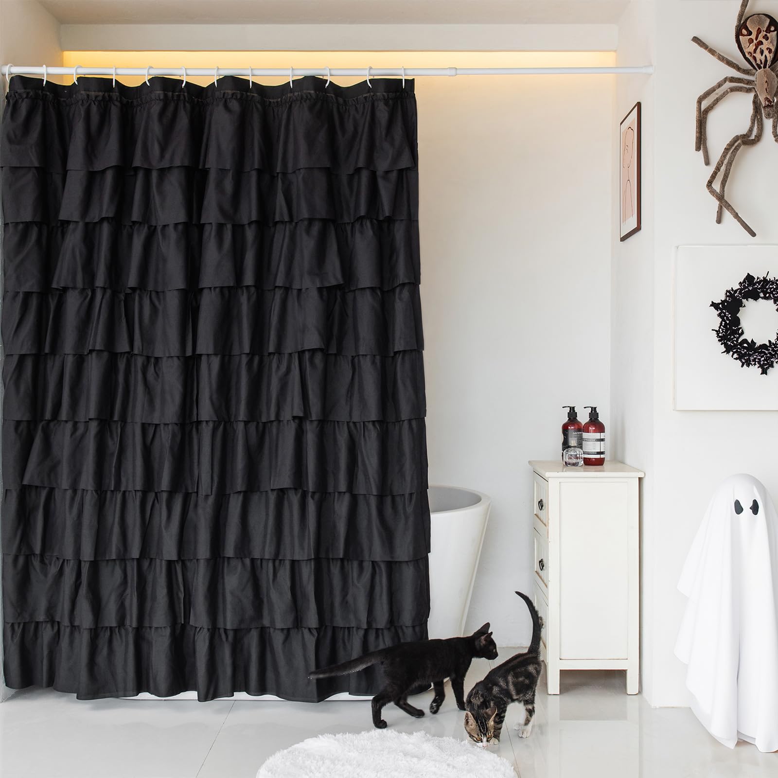 Westweir Black Ruffle Shower Curtain - Gothic & Elegant Bathroom Decor, Ruffled Design, Boho & Vintage Chic, Easy Care, Lightwei