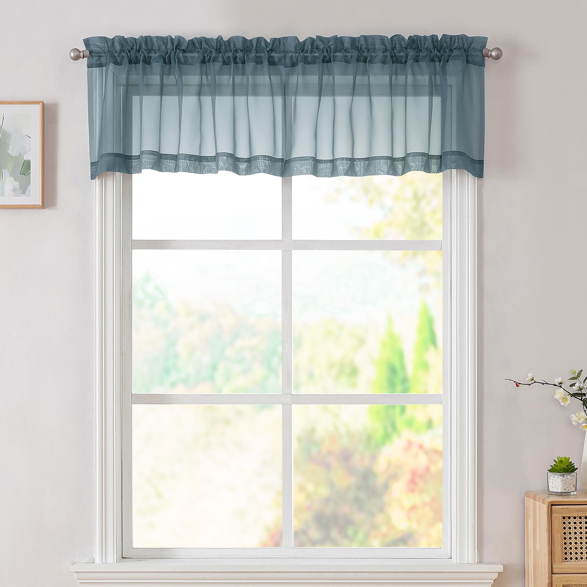 Simplebrand Dusty Blue Valances 14 Inches Long For Living Room Pocket 2 Panel Light Filtering Sheer Translucent Valence Toppers