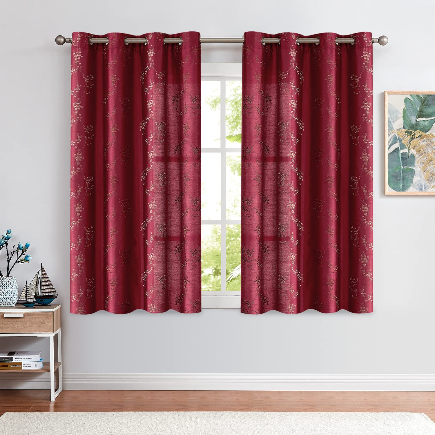 Jinchan Floral Curtains Embroidered Curtains For Living Room 63 Inch Length Faux Silk Curtains Burgundy Red Flower Patterned Dra