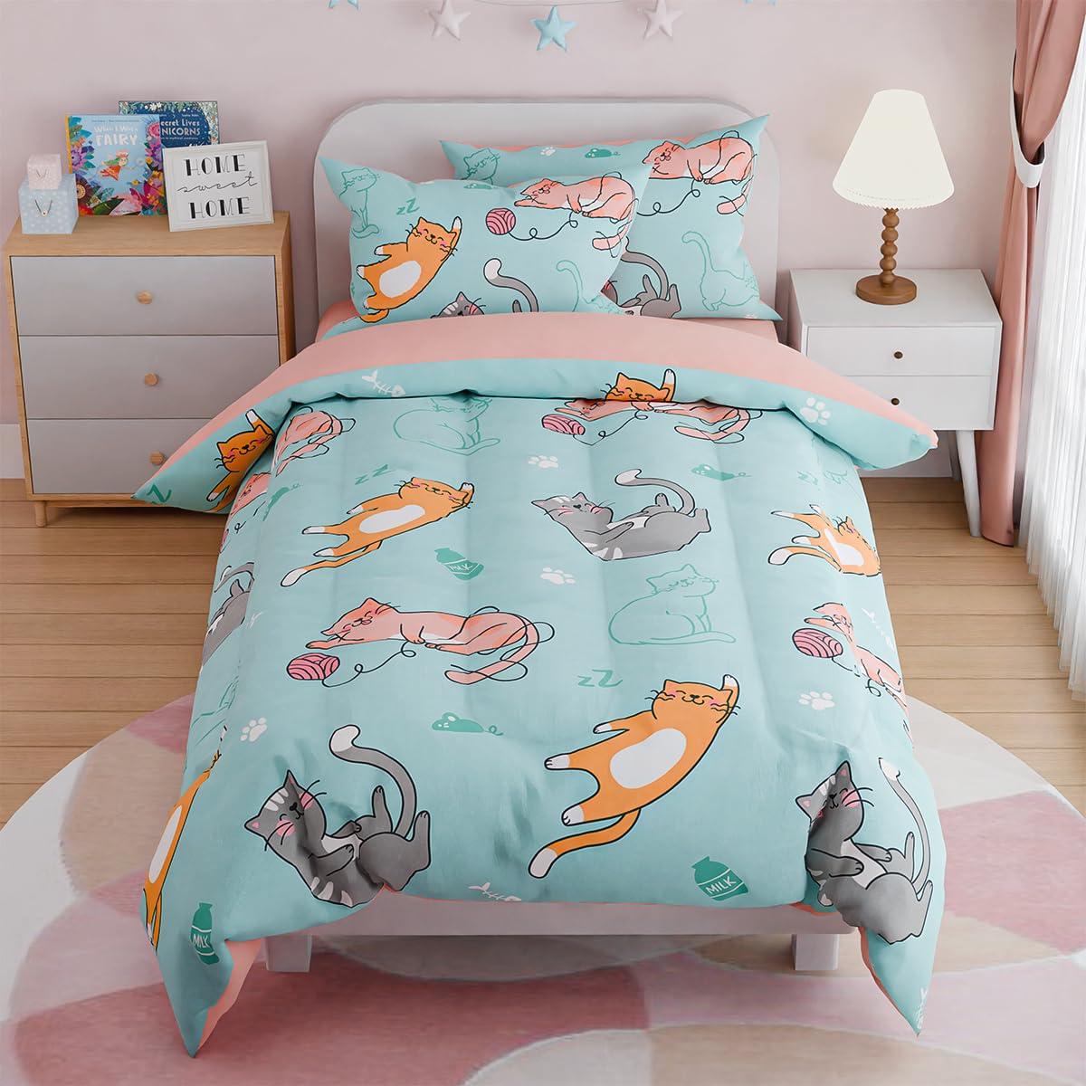 Sandjest Cat Comforter Set Twin For Girls, Ultra Soft Microfiber Bedding Sets With 3-Pieces, Cats Comforters Bed Sets For Kids C