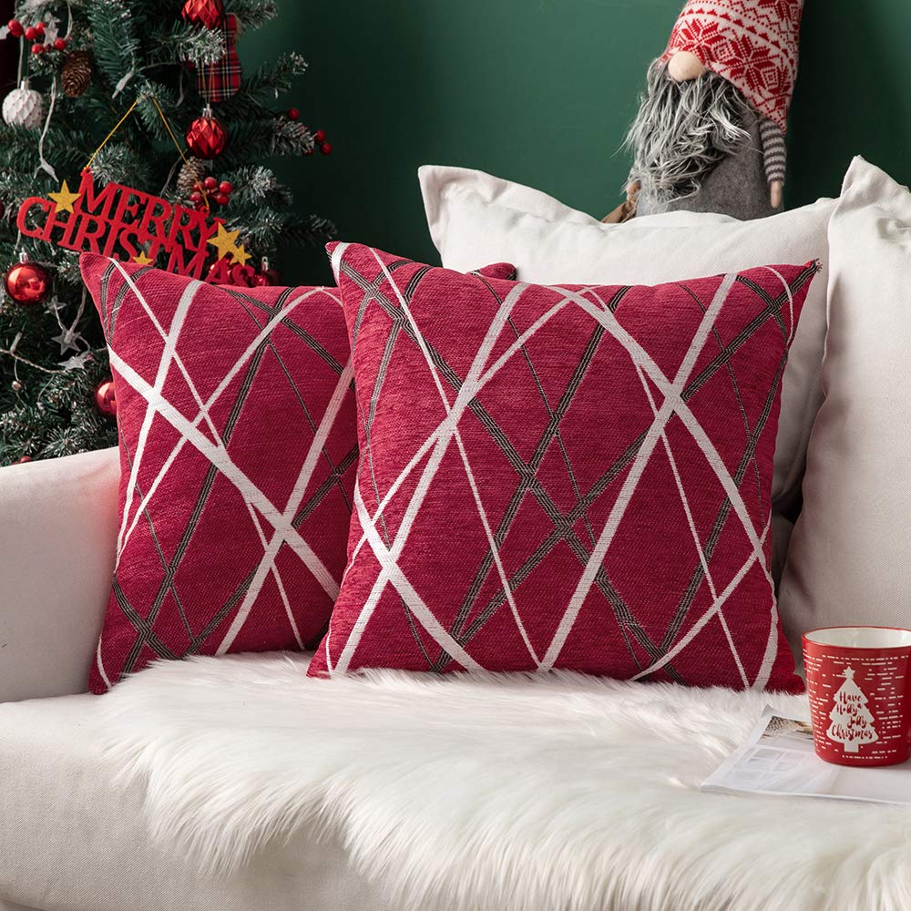 Miulee Pack Of 2 Decorative Throw Pillow Covers Woven Textured Chenille Cozy Modern Concise Soft Red Square Cushion Shams For Ch