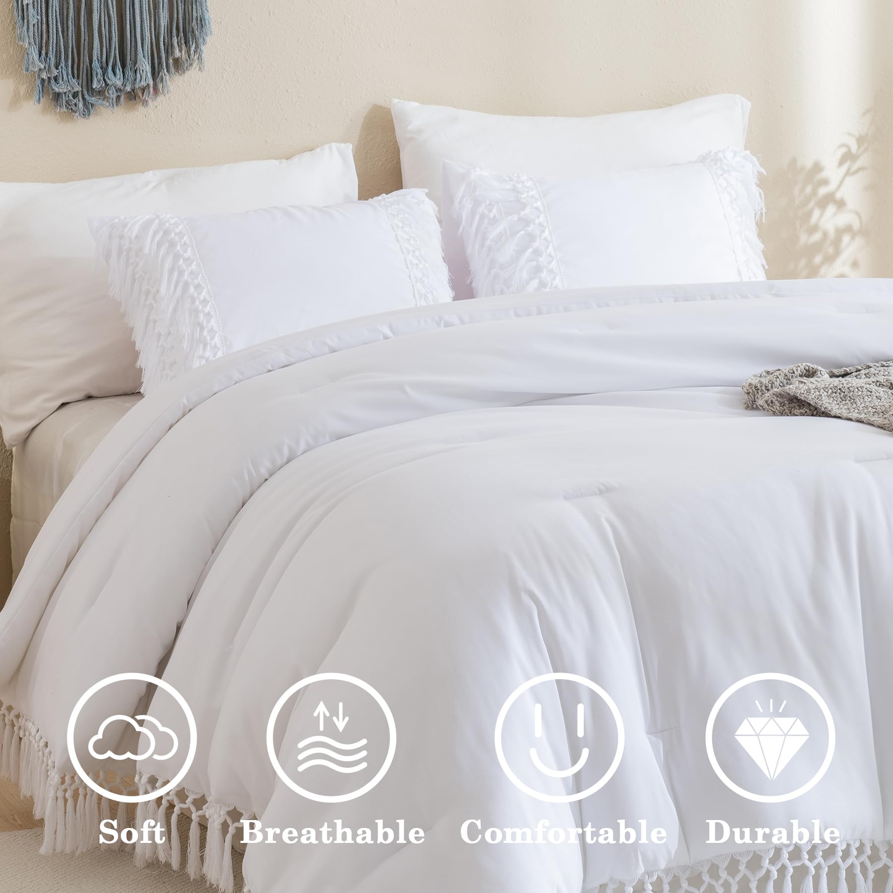 Andency White Full Size Comforter Set, 3 Pieces Boho Tassel Lightweight Soft Bedding Comforter Sets, All Season Fluffy Fringe Bed Set (79X90In Comforter & 2 Pillowcases)