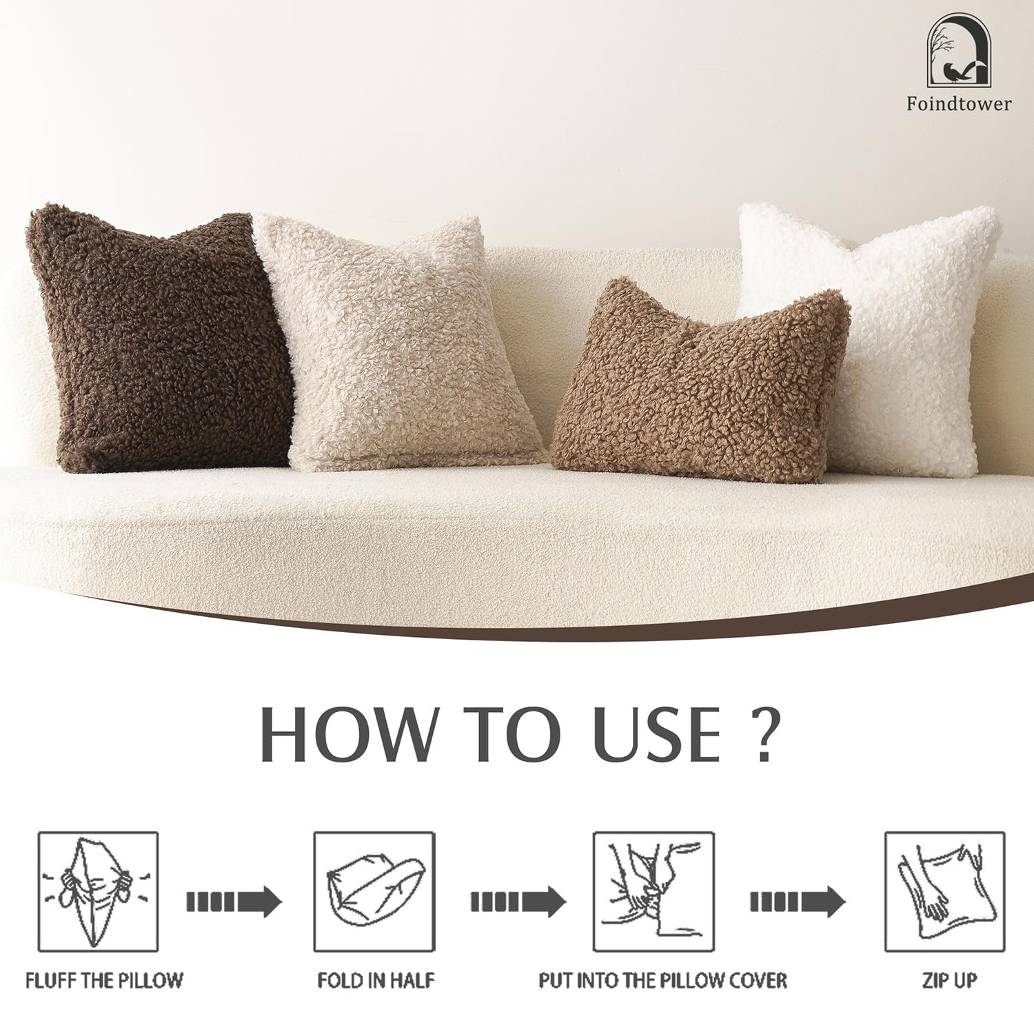 Foindtower 2 Pieces 20X20 Inch White, Faux Fur Throw Pillow Cover Accent Sherpa Pillow Fuzzy Soft Pillowcases Sheepskin Decorati