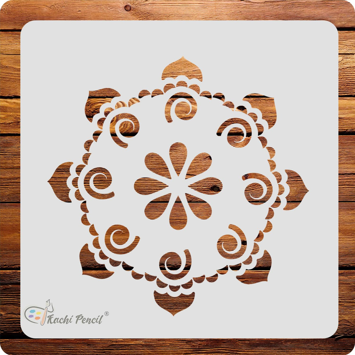 Kachi Pencil Round Floral Mandala Stencils for Art and Craft Painting, Size 6 x 6 inch Reusable Stencil for Painting, Fabric, Gl