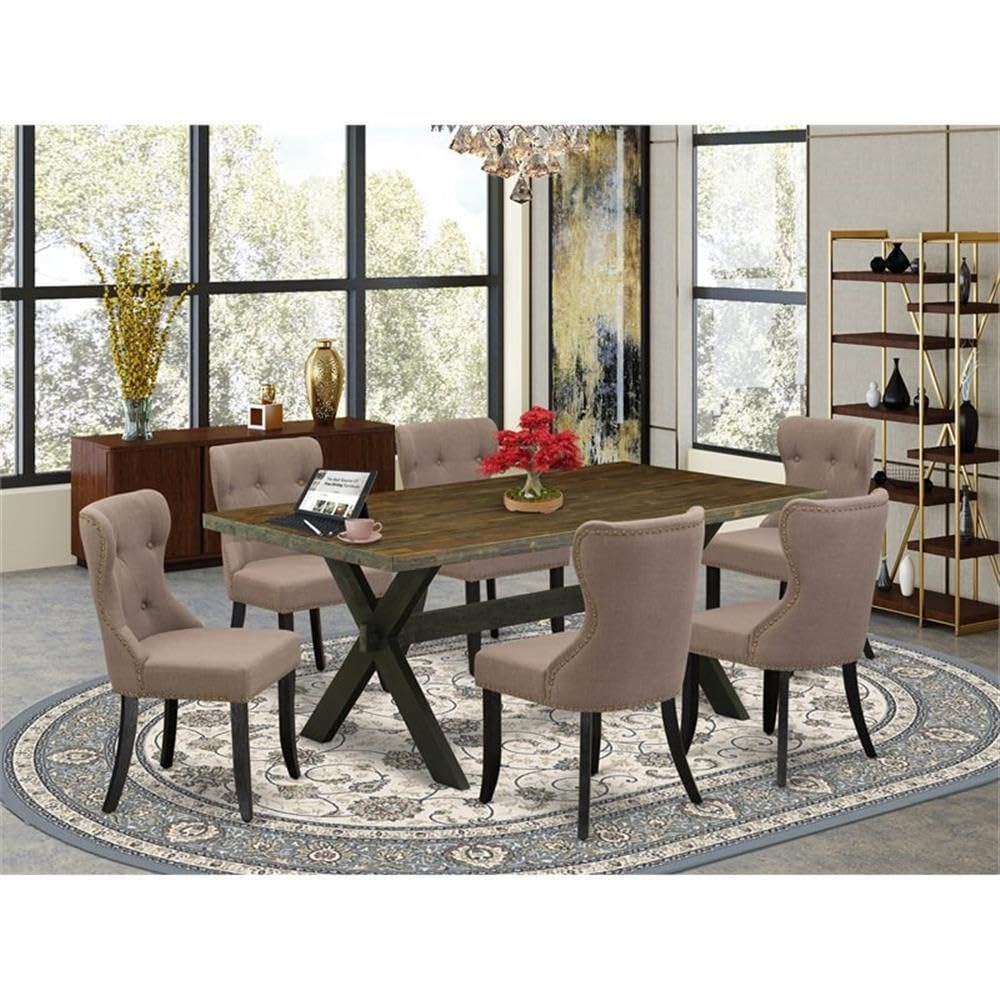 East West Furniture X677Si648-7 7 Piece Dining Set Consist Of A Rectangle Dining Room Table With X-Legs And 6 Coffee Linen Fabric Upholstered Parson Chairs, 40X72 Inch, Multi-Color