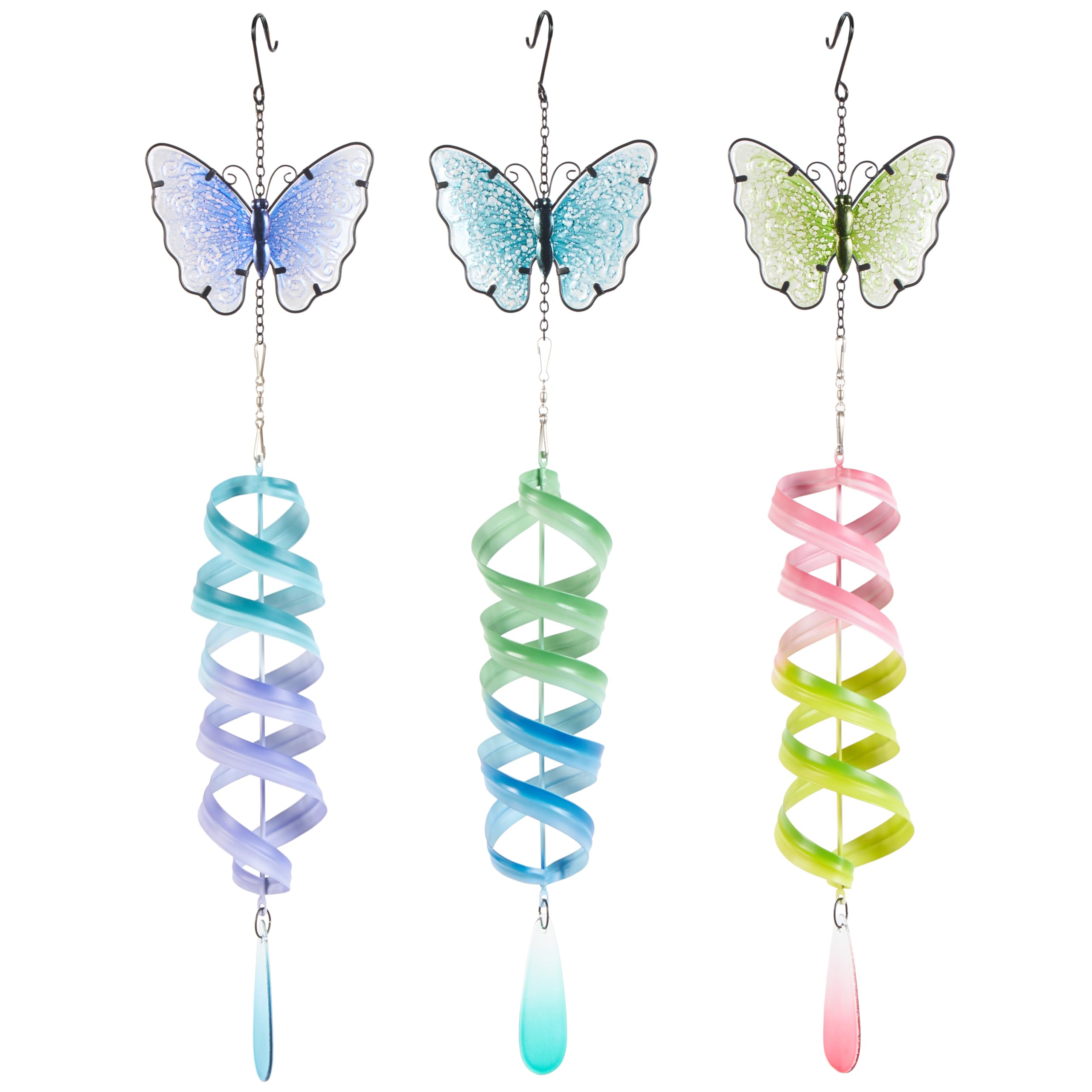 Deco 79 Metal Butterfly Swirl Wind Spinner Windchime With Dangling Charms, Set Of 3 6' W, 27' H, Multi Colored