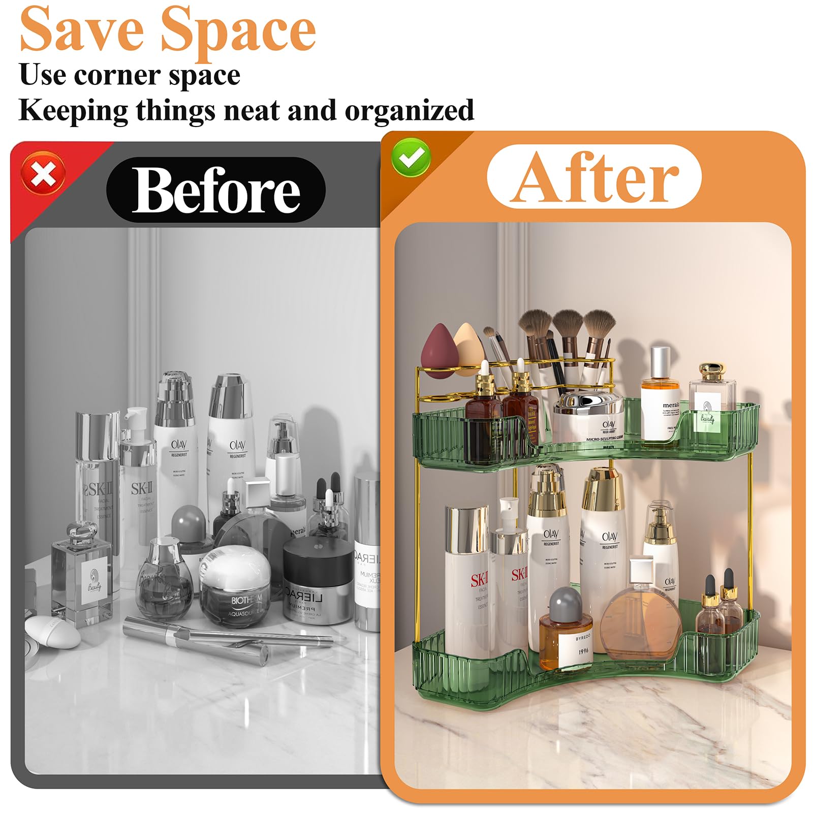 Sunzos Bathroom Counter Organizer, Corner Makeup Organizer With Makeup Brush Holder, Vanity Makeup Cosmetic Storage, Countertop