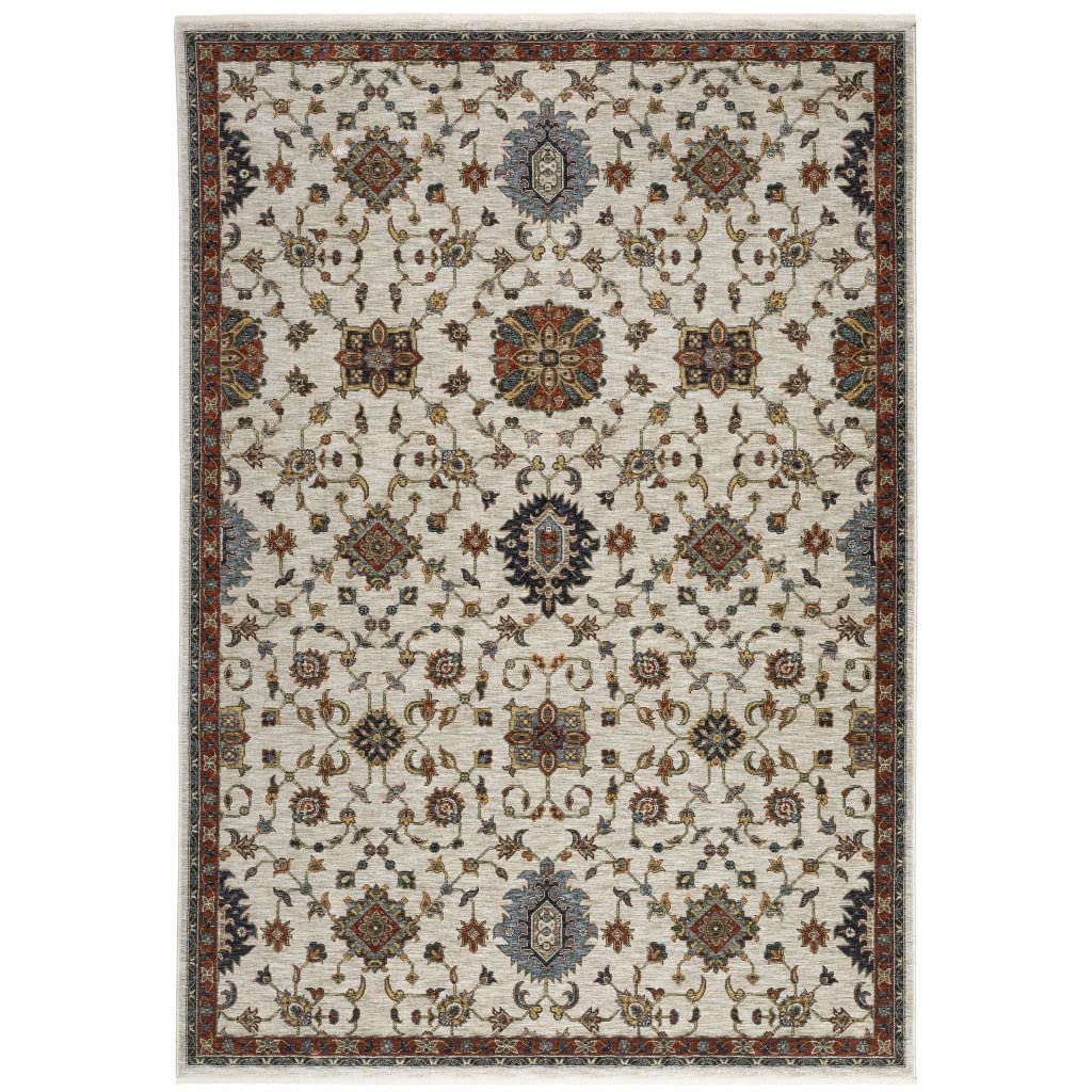 HomeRoots 508029 8 x 11 ft. Beige Rust Red Blue Gold & Gray Oriental Power Loom Stain Resistant Rectangle Area Rug with Fringe