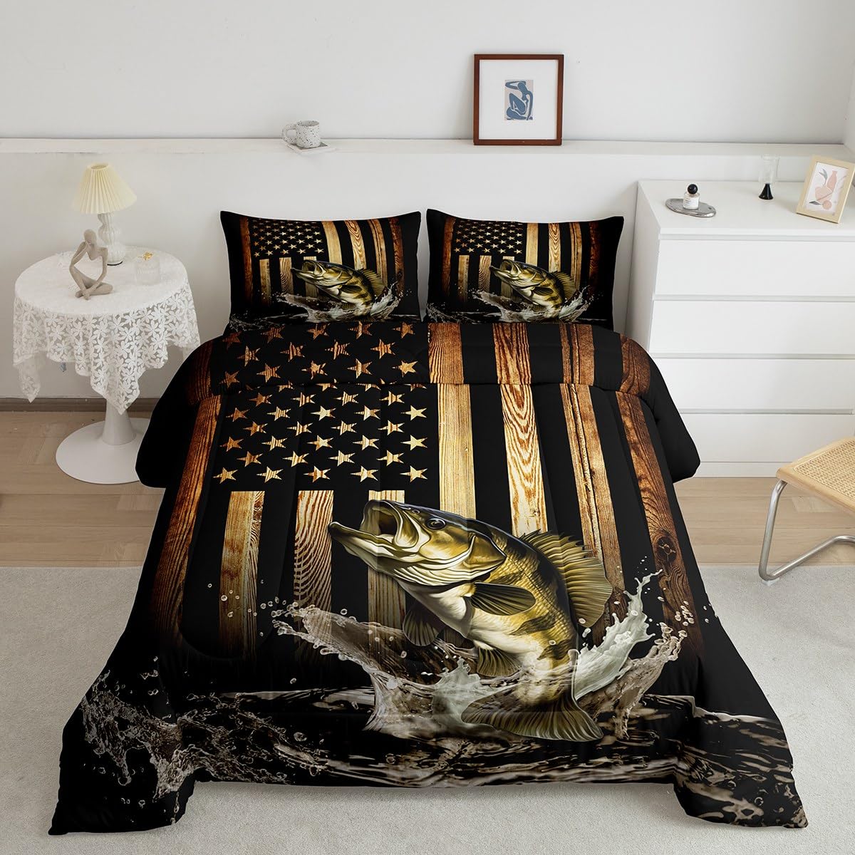 Vintage American Flag Comforter Set King Size,Bass Fish Bedding Set For Kids Teens Men Adult Room Decor,Fishing And Hunting Quil