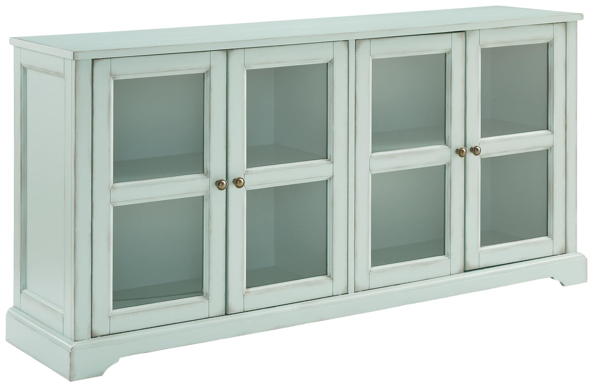 Crosley Furniture Holbrook Traditional Glass Door Sideboard Buffet Cabinet, Kitchen Storage, Tv Stand, Distressed Seafoam Blue