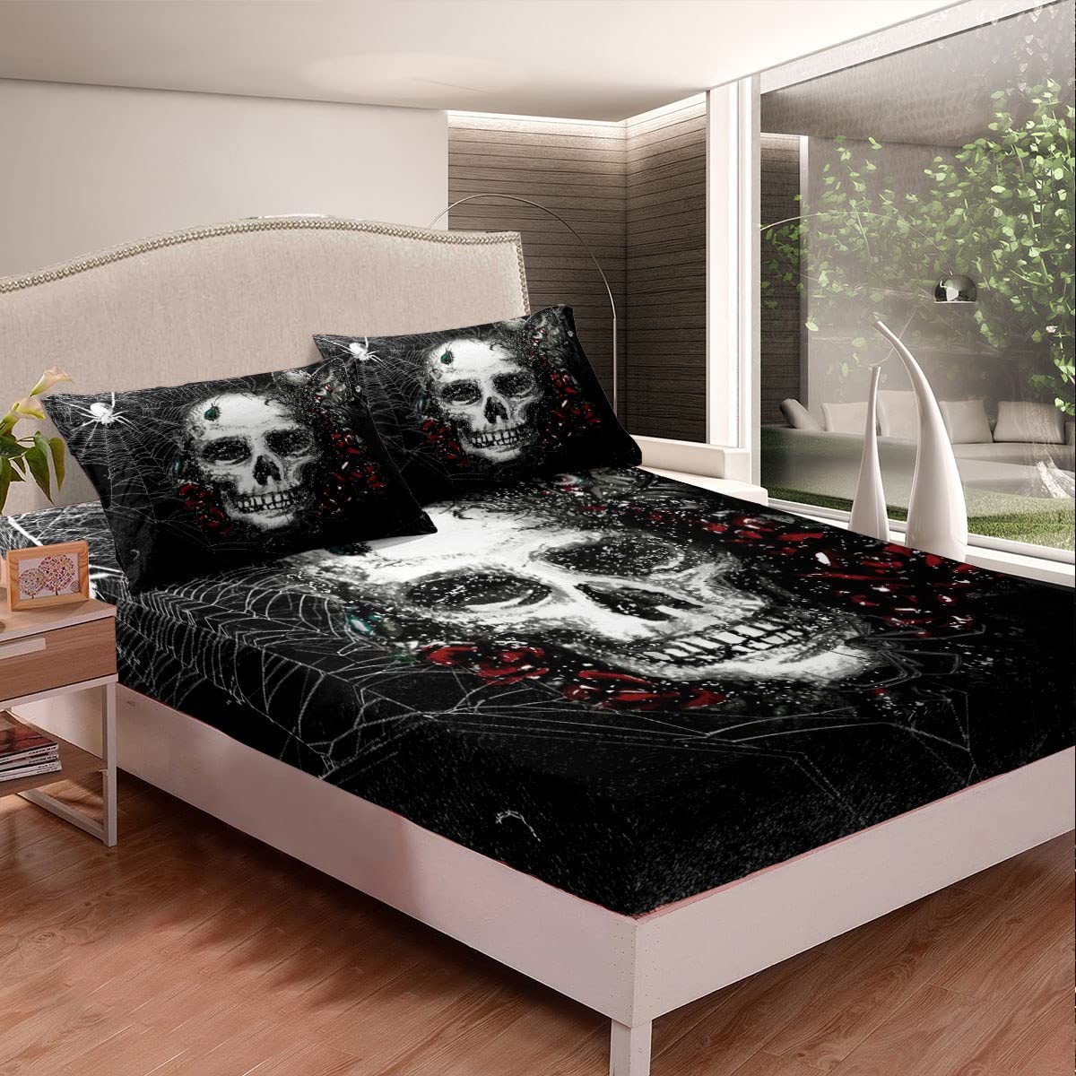 Sugar Skull Sheet Set Gothic Skull Bedding Set For Kids Boys Girls Teens Halloween Themed Bed Sheets Breathable Skeleton Design