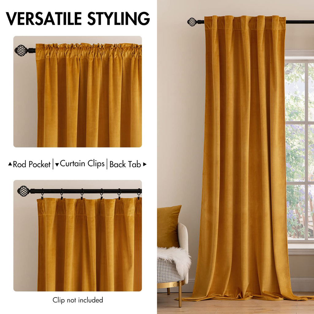 Miulee Velvet Curtains 2 Panels Luxury Blackout Curtains For Bedroom Living Room Thermal Insulated Fall Decor Super Soft Window Drapes Rod Pocket & Back Tab, Mustard Yellow, 52 X 72 Inch
