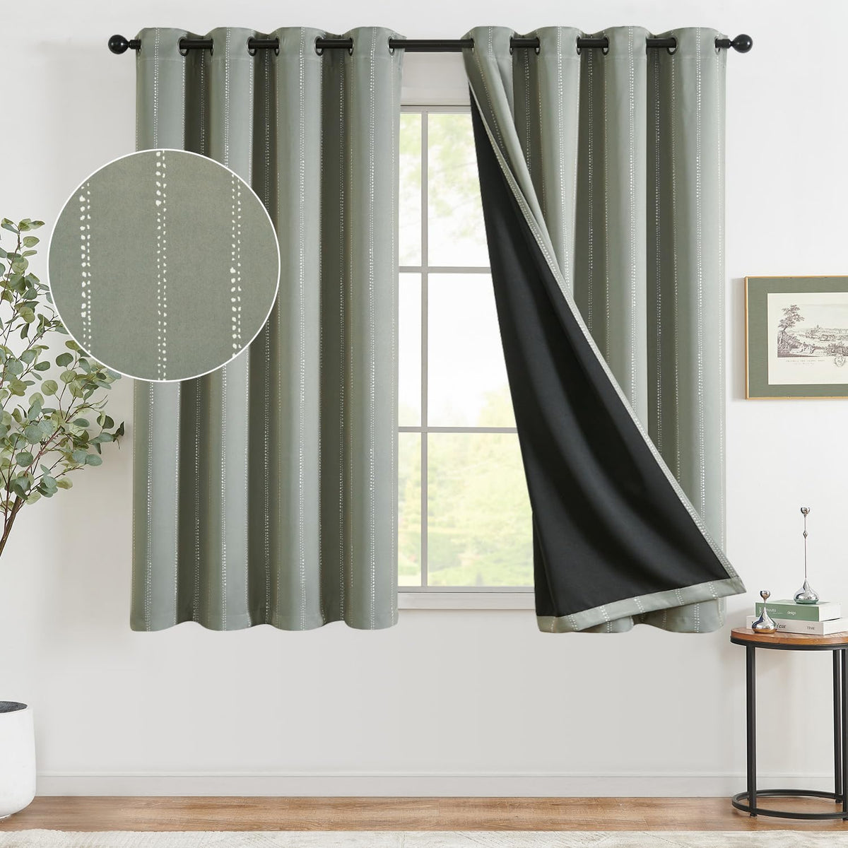 Jinchan Boho Blackout Curtains For Bedroom, Striped Patterned Sage Green Curtains 63 Inch Long Room Darkening Curtains For Bedro
