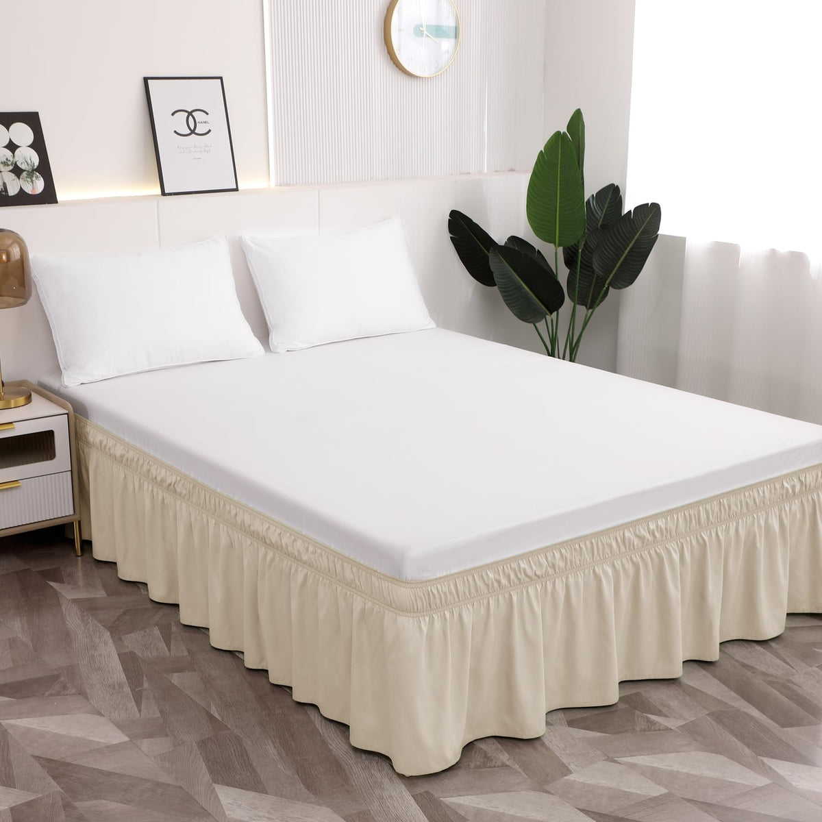 Toodou Easy to Install Wrap Around Bed Skirt Three Fabric Sides Elastic Dust Ruffled 16 Inch Tailored Drop, Fade Resistant-Beige