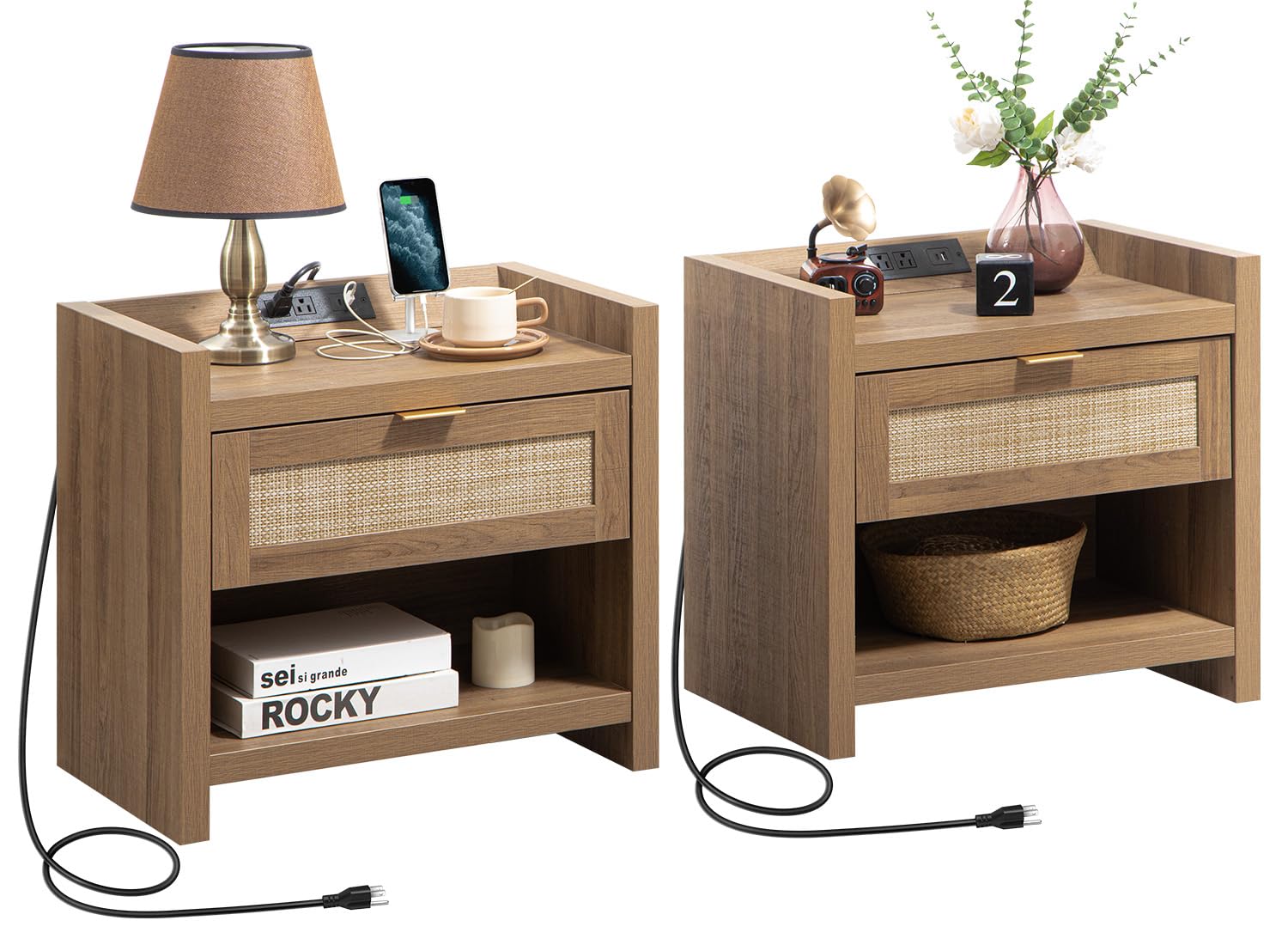 SICOTAS Night Stand Set of 2 Nightstands - Rattan Bed Side Table with ...